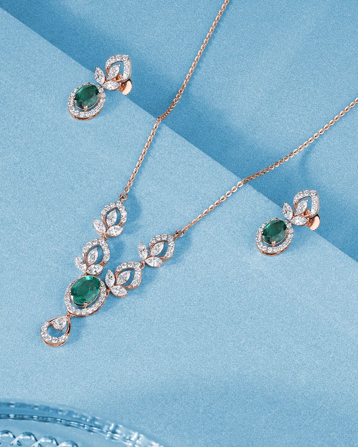 Luxury Green Gemstone & Lab Diamond Designer Necklace Set Floral Rose gold