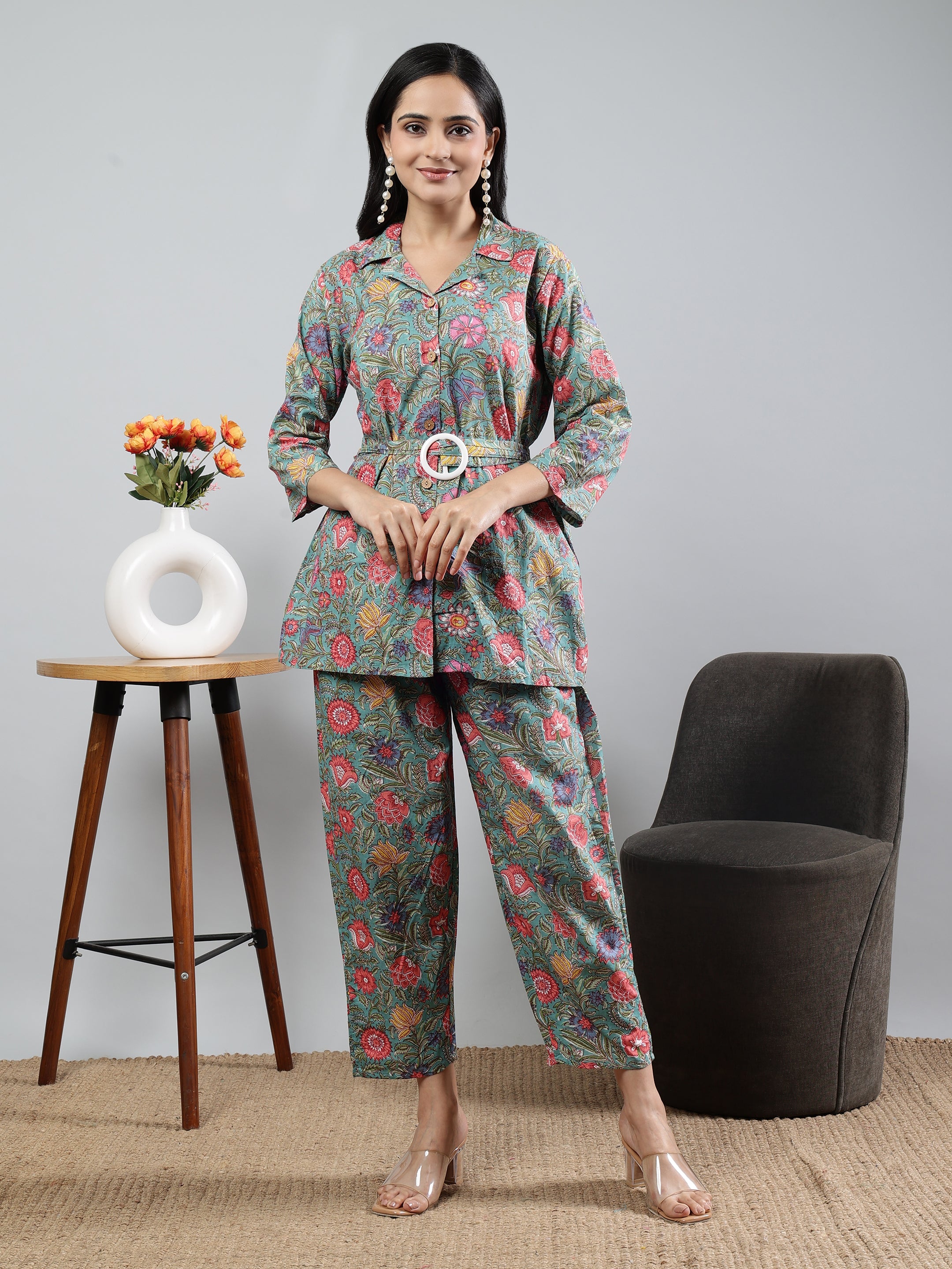 Green Printed shirt collar Full Sleeve Co-ords Set with Belt Green Cotton