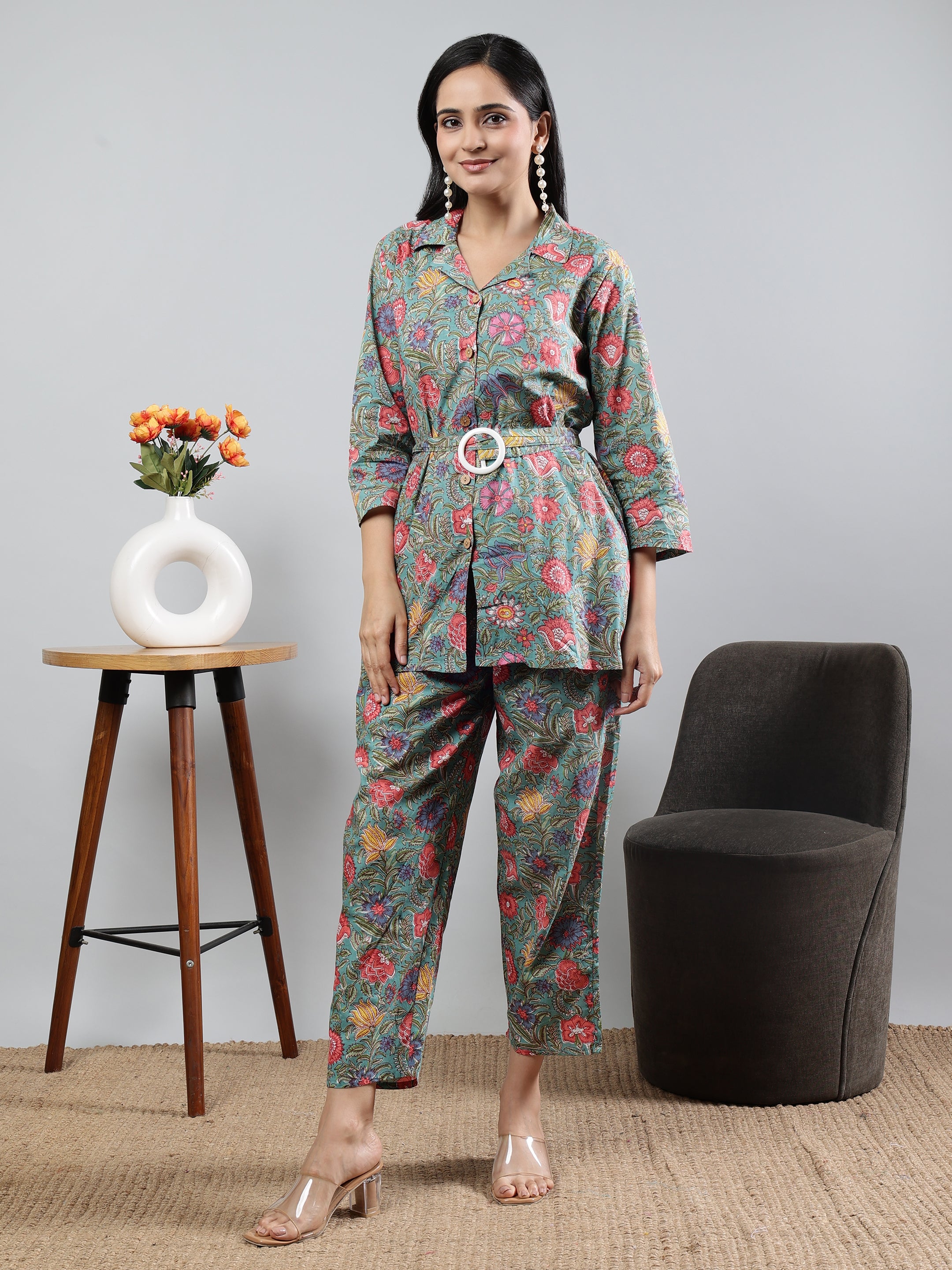 Green Printed shirt collar Full Sleeve Co-ords Set with Belt