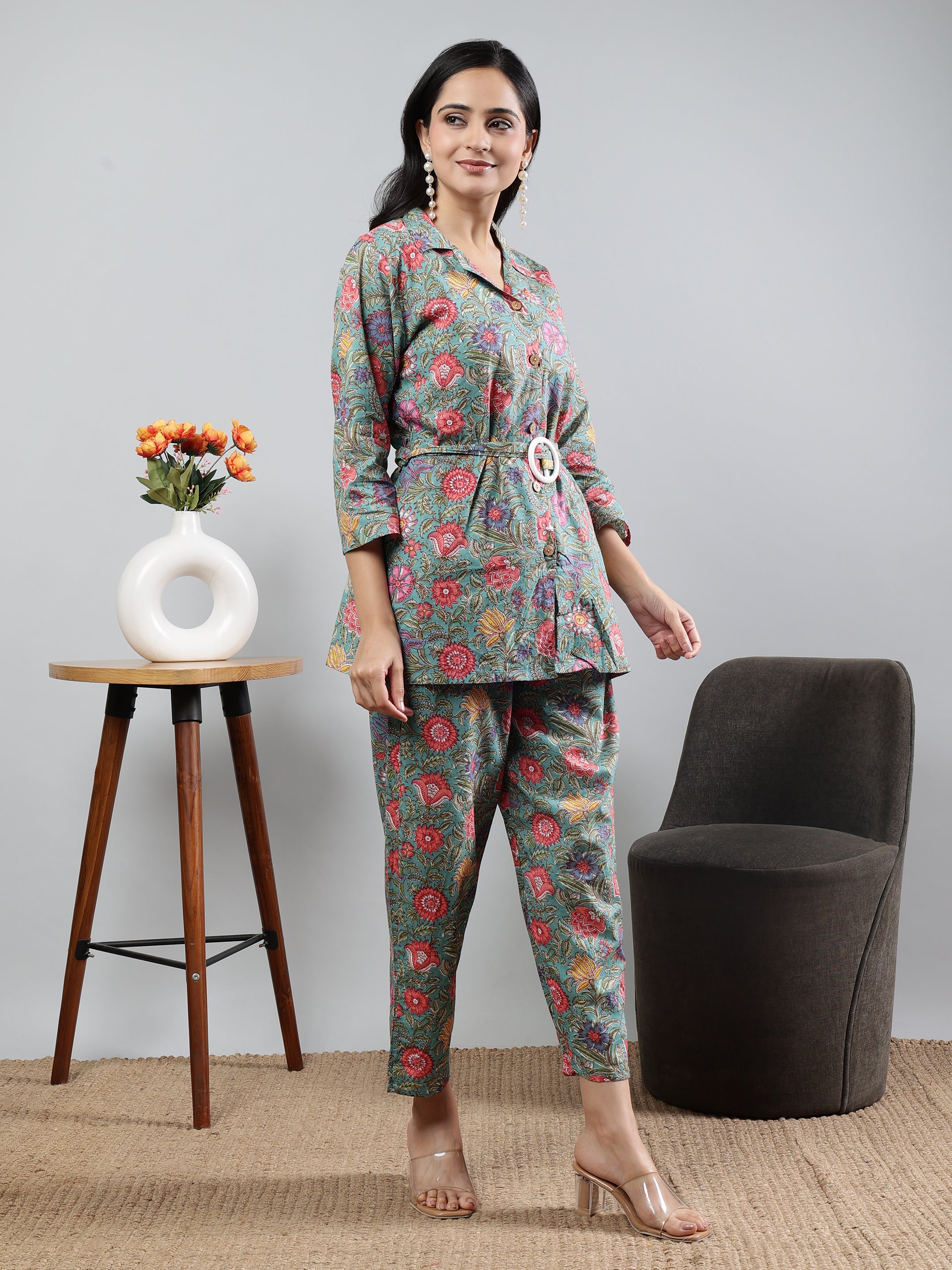 Green Printed shirt collar Full Sleeve Co-ords Set with Belt