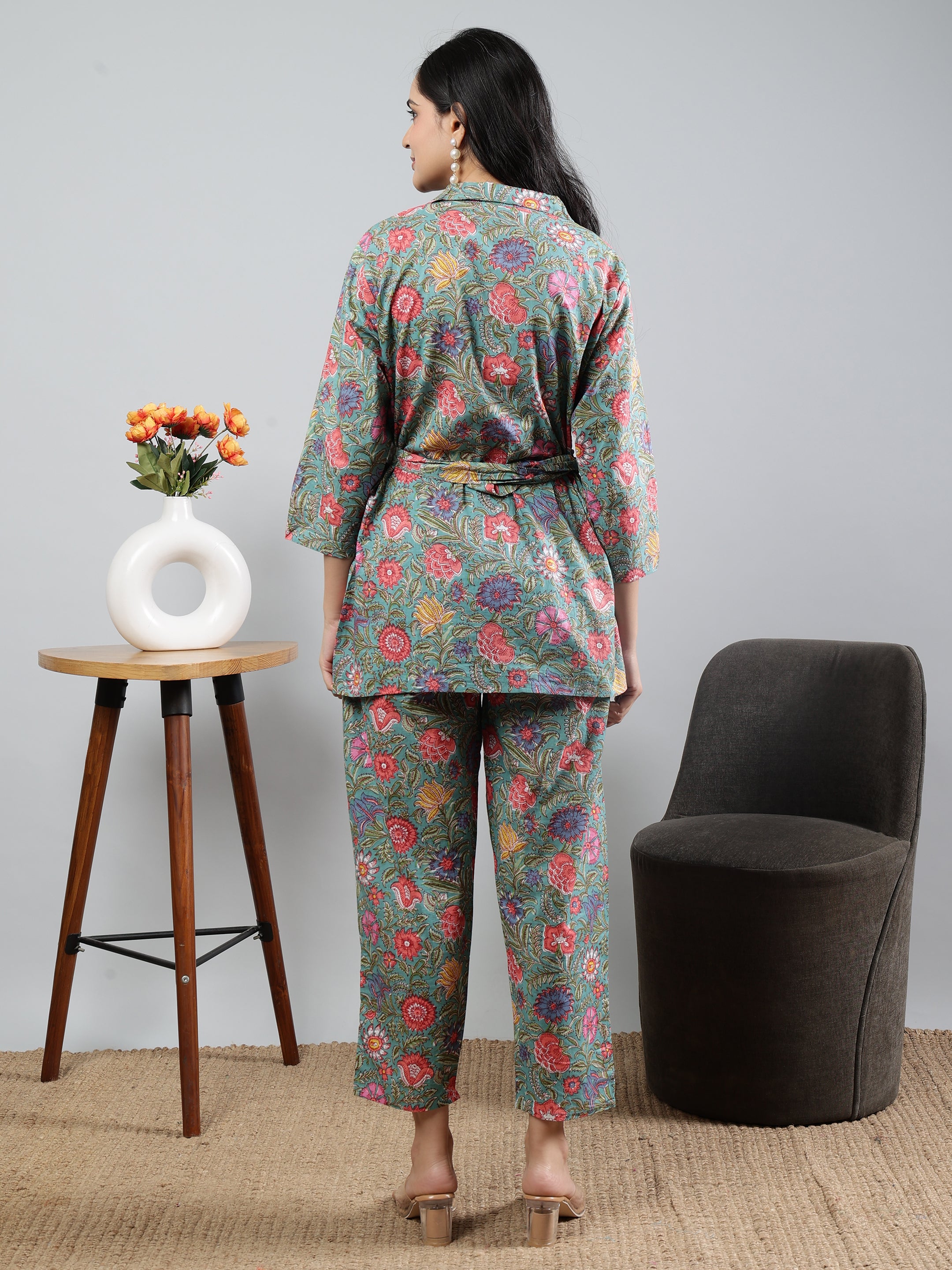 Green Printed shirt collar Full Sleeve Co-ords Set with Belt