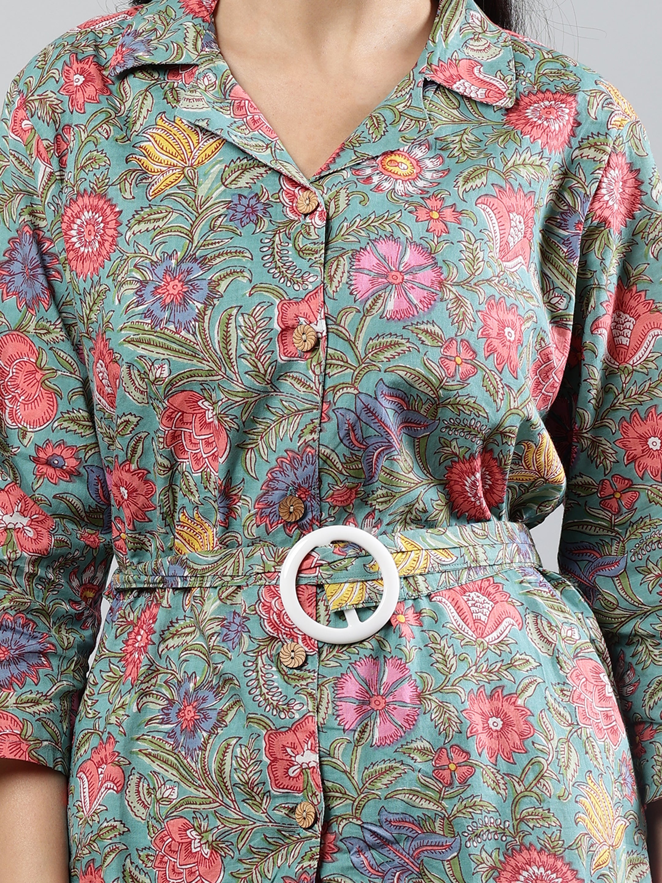 Green Printed shirt collar Full Sleeve Co-ords Set with Belt