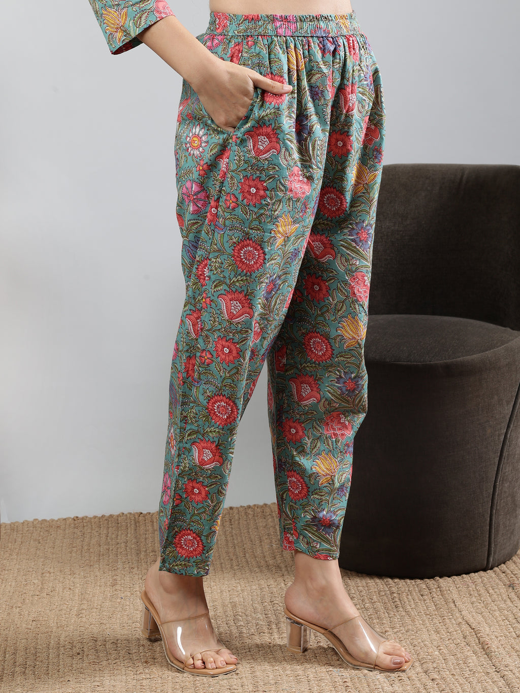 Green Printed shirt collar Full Sleeve Co-ords Set with Belt