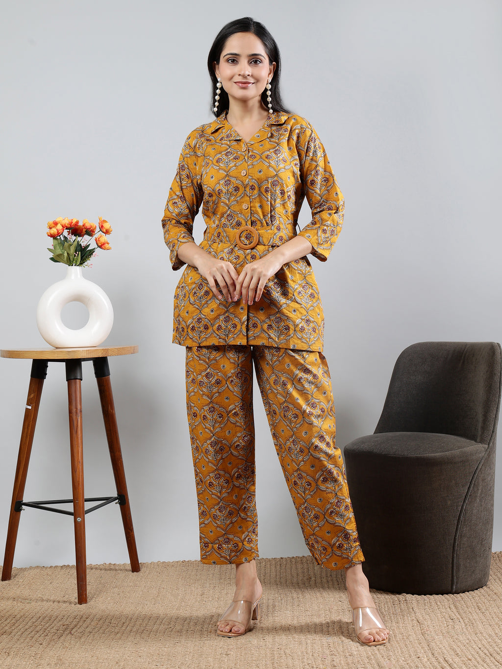 Mustard Printed shirt collar Full Sleeve Co-ords Set With Belt Mustard Cotton