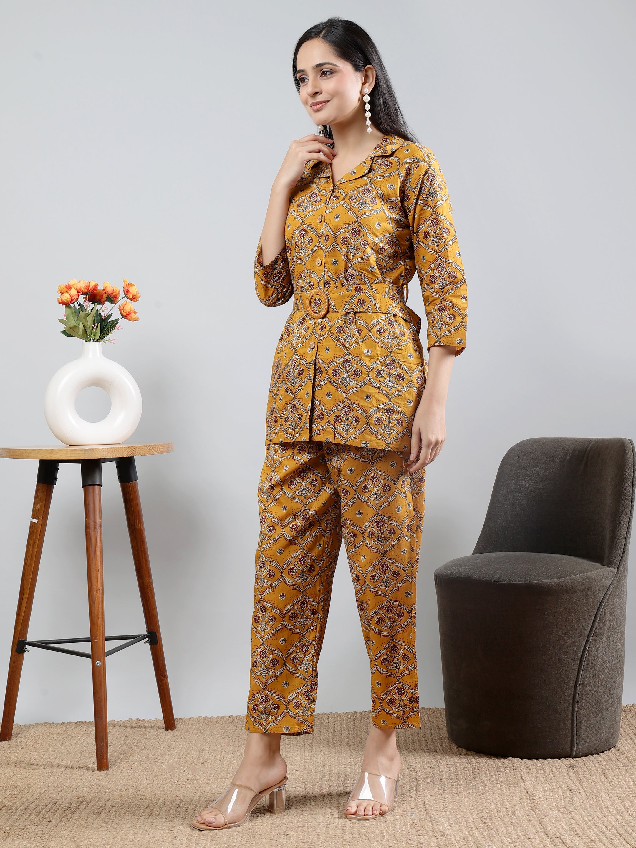 Mustard Printed shirt collar Full Sleeve Co-ords Set With Belt