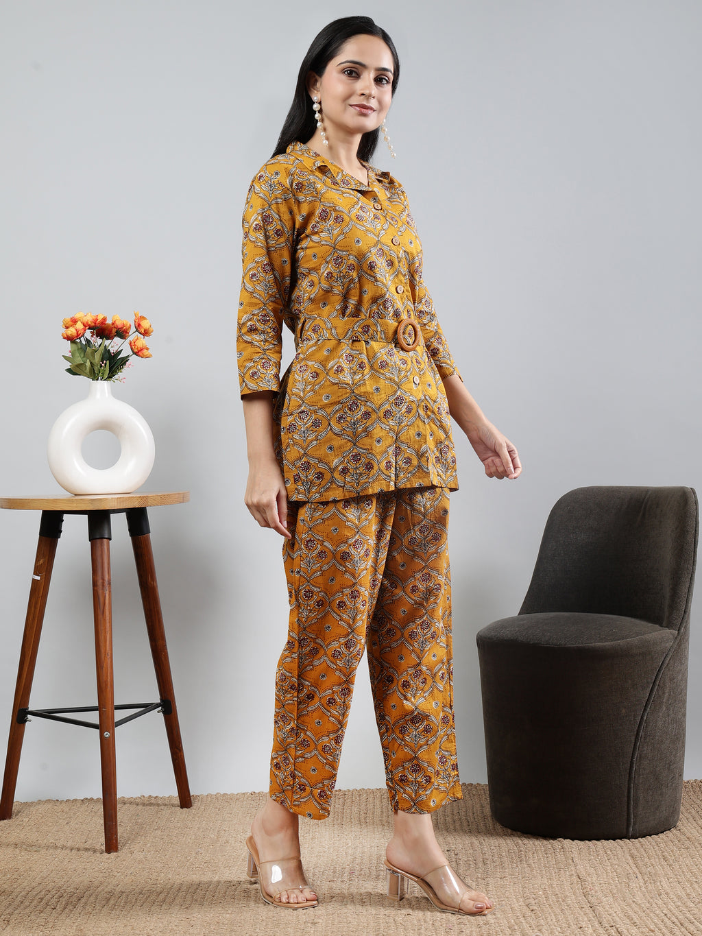 Mustard Printed shirt collar Full Sleeve Co-ords Set With Belt
