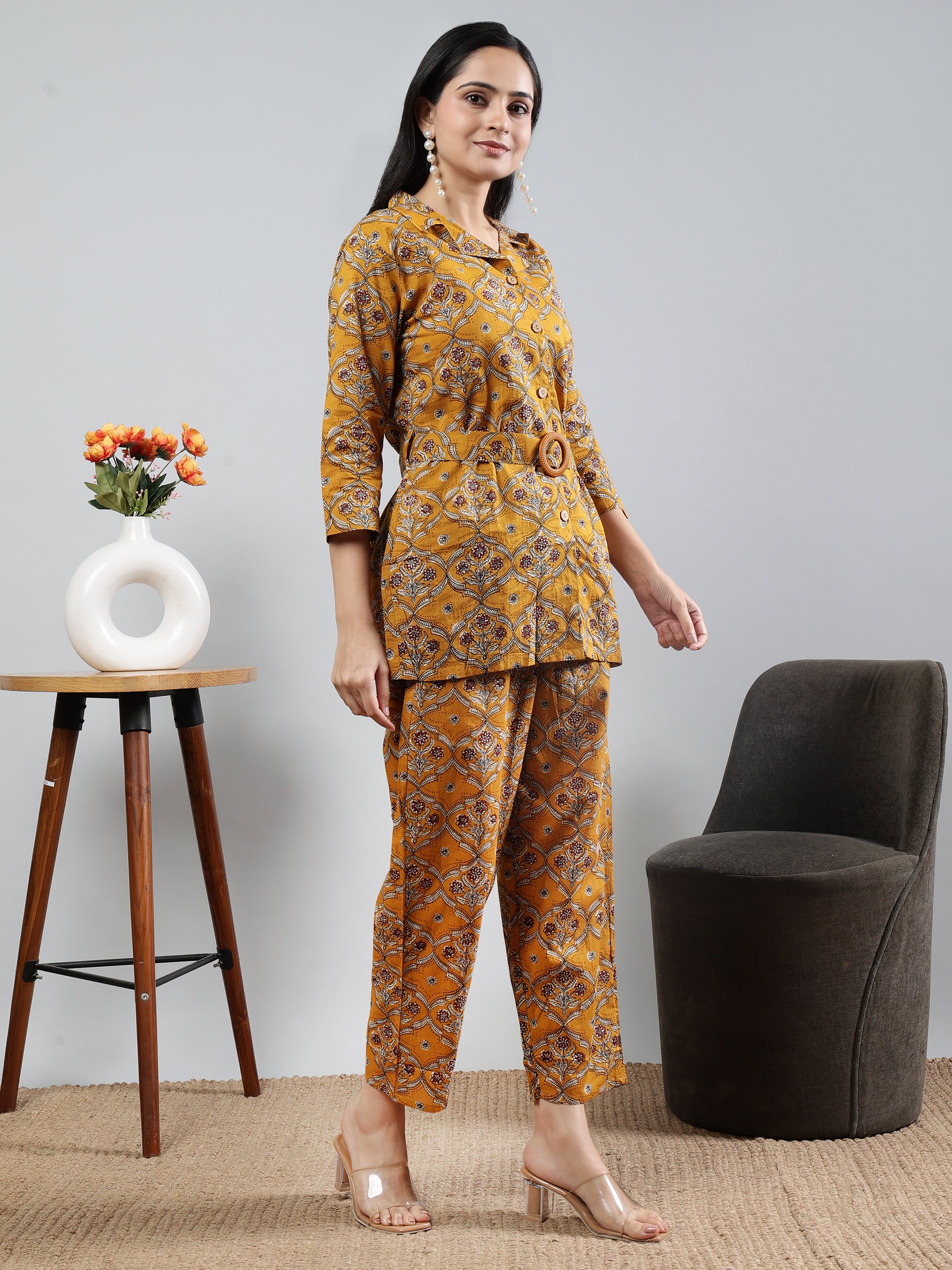 Mustard Printed shirt collar Full Sleeve Co-ords Set With Belt