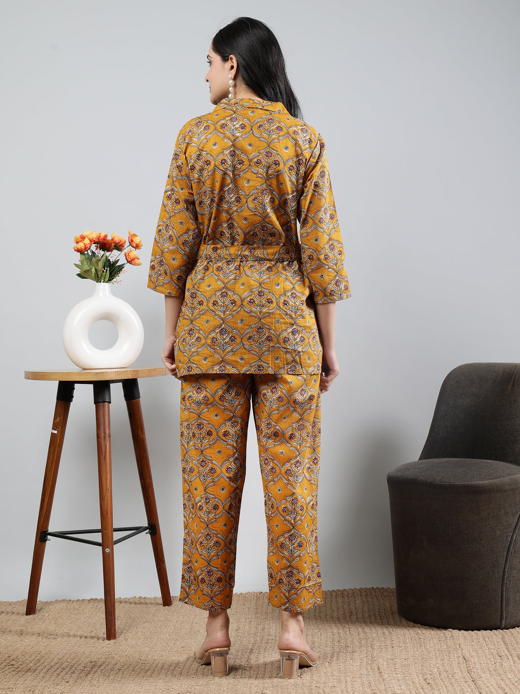 Mustard Printed shirt collar Full Sleeve Co-ords Set With Belt