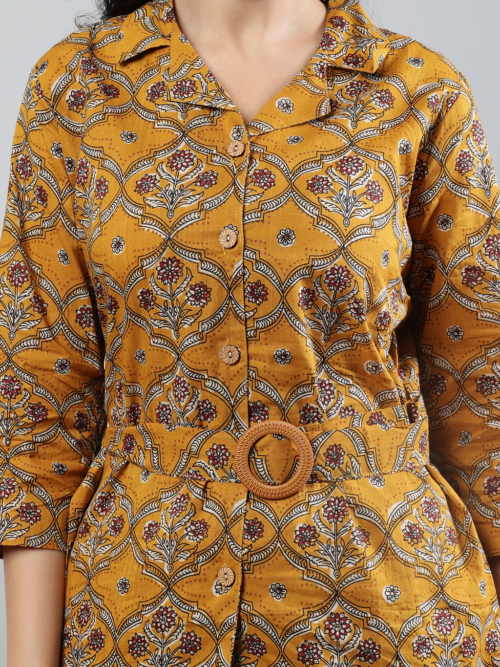 Mustard Printed shirt collar Full Sleeve Co-ords Set With Belt