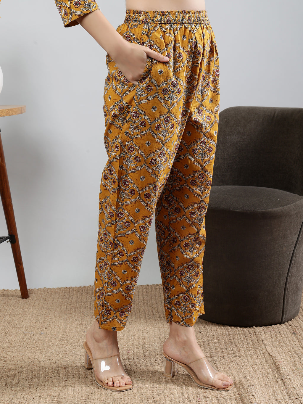 Mustard Printed shirt collar Full Sleeve Co-ords Set With Belt