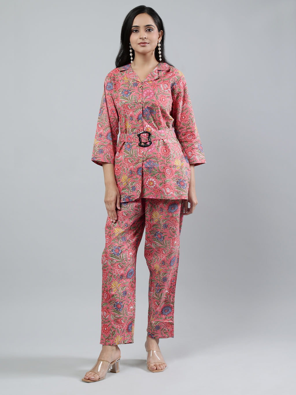 Pink Printed shirt collar Full Sleeve Co-ords Set with Belt Pink Cotton