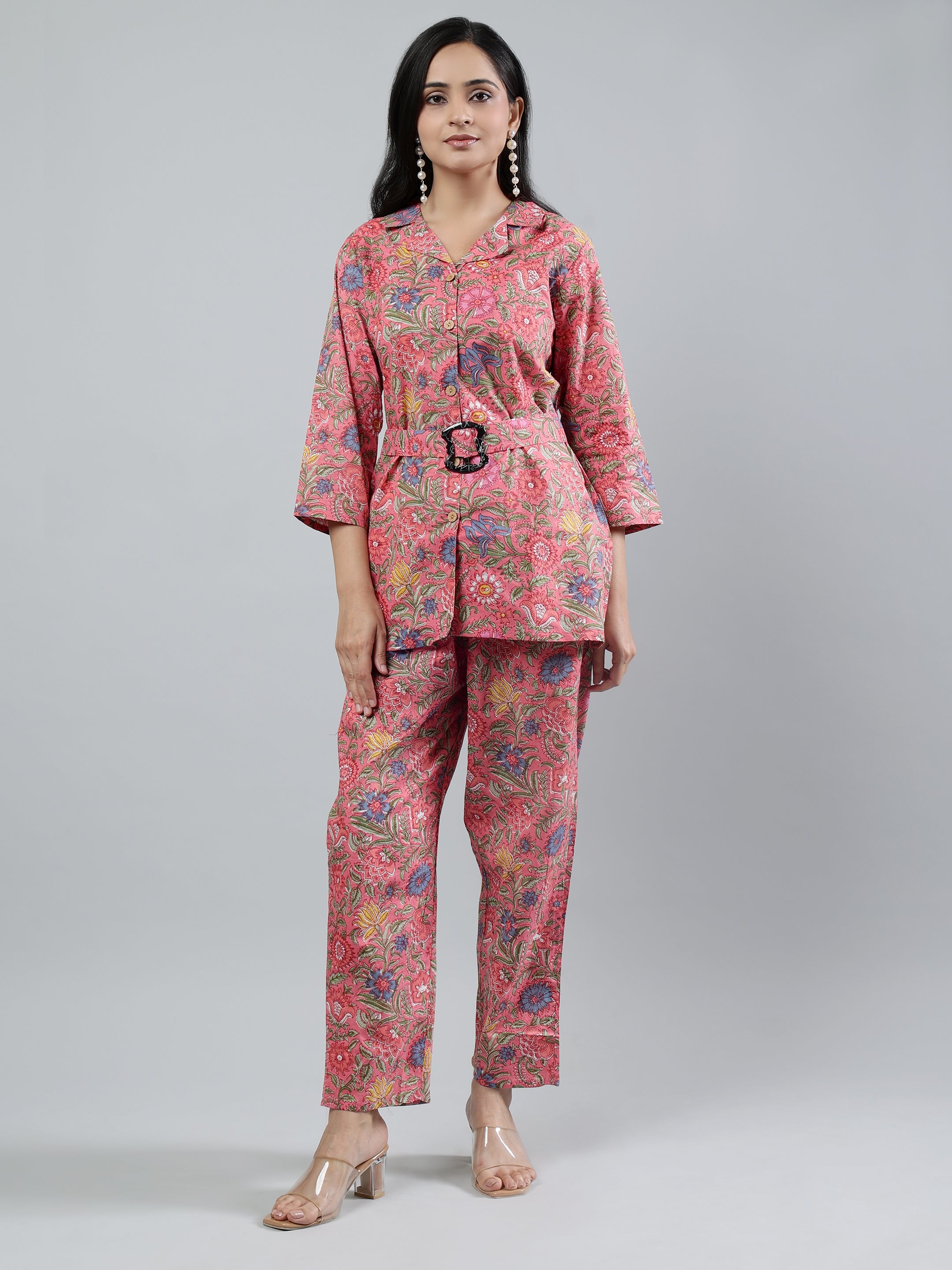 Pink Printed shirt collar Full Sleeve Co-ords Set with Belt Pink Cotton