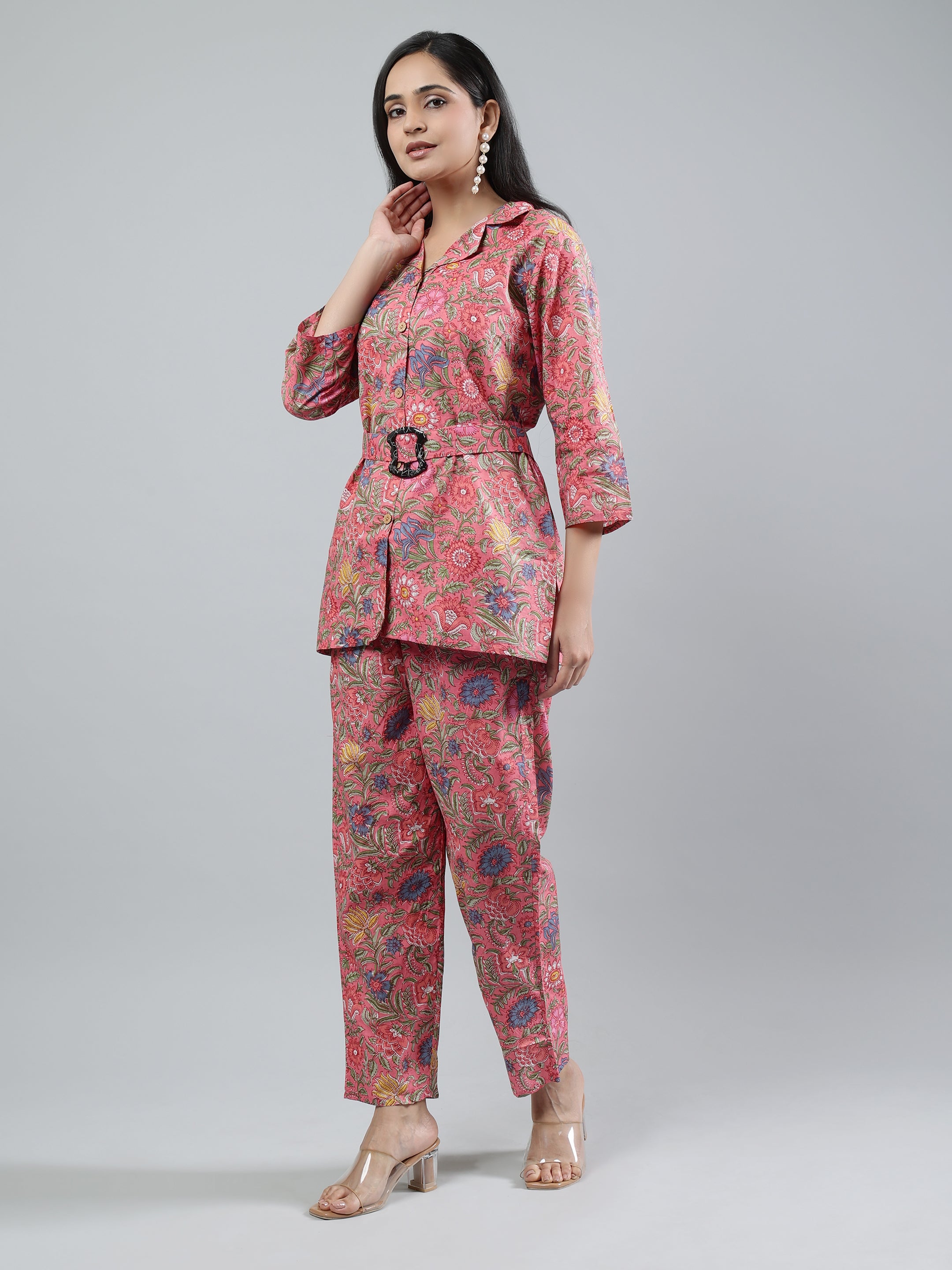 Pink Printed shirt collar Full Sleeve Co-ords Set with Belt