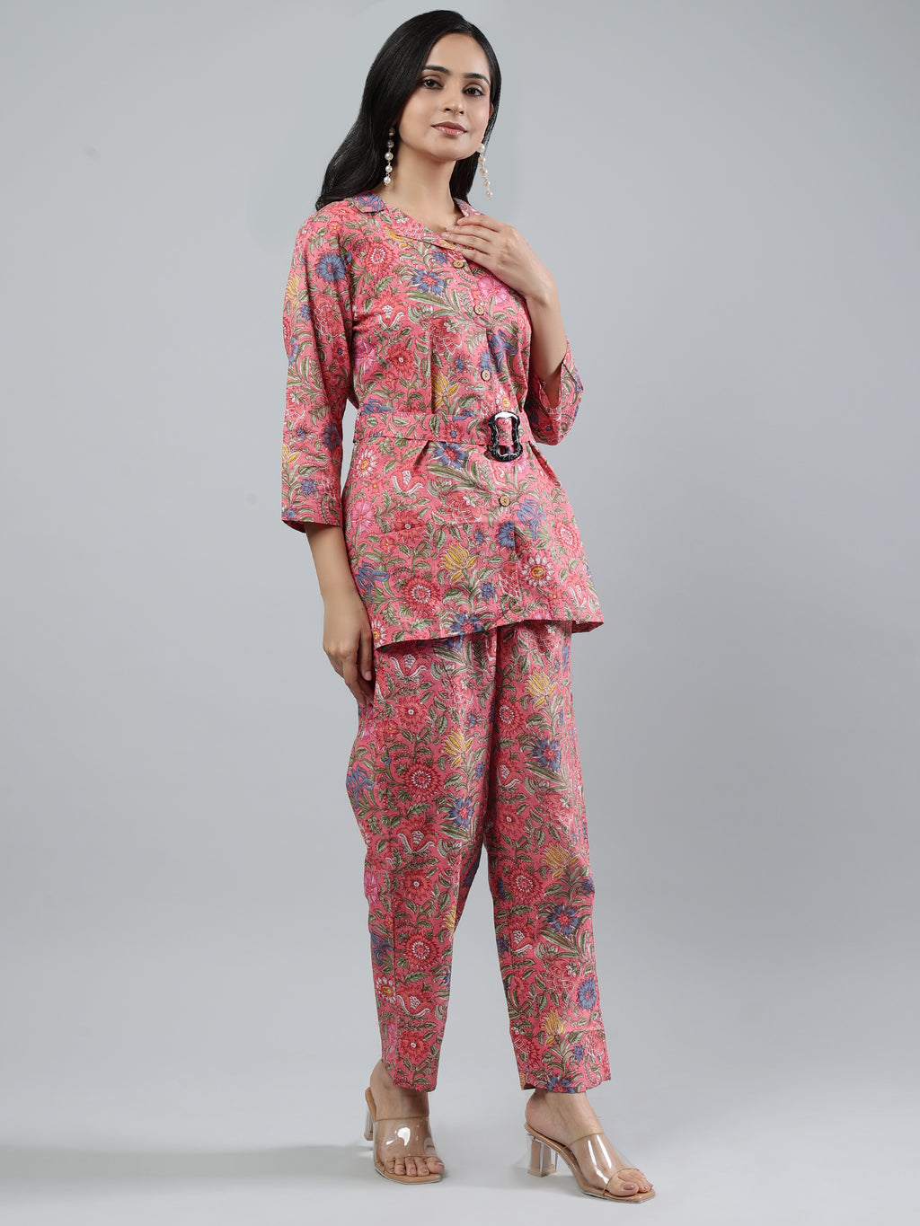 Pink Printed shirt collar Full Sleeve Co-ords Set with Belt