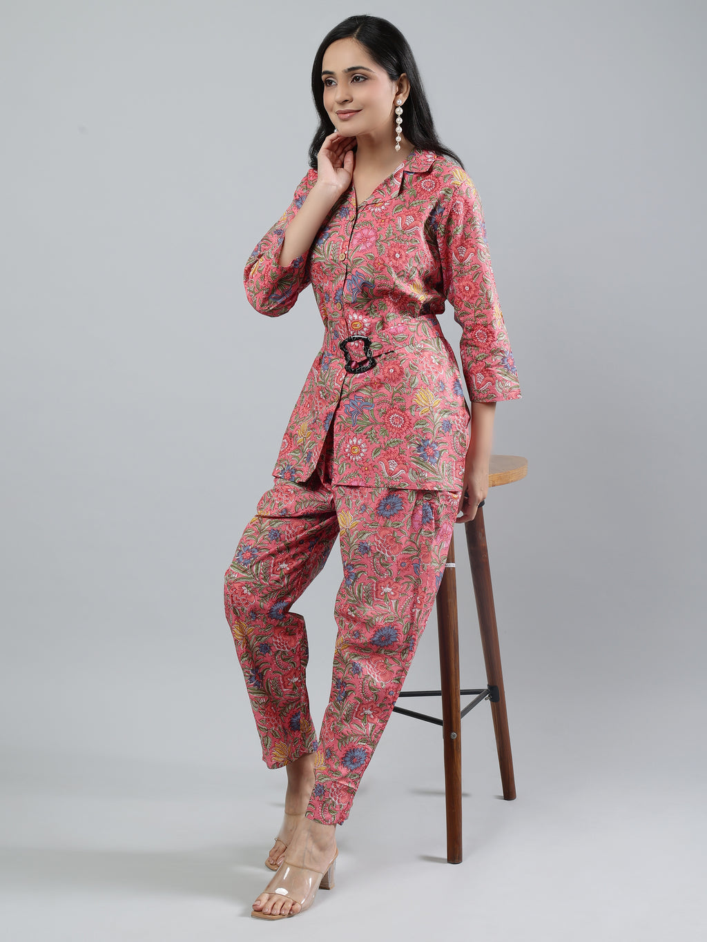 Pink Printed shirt collar Full Sleeve Co-ords Set with Belt