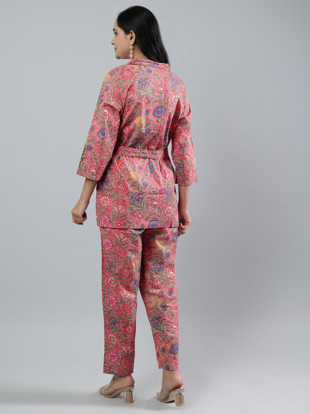 Pink Printed shirt collar Full Sleeve Co-ords Set with Belt