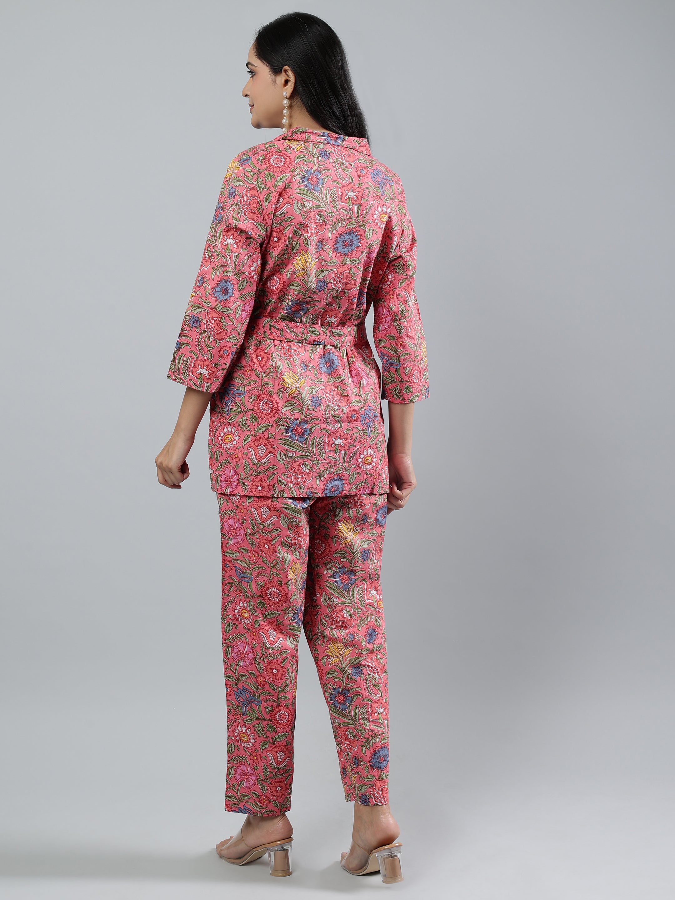 Pink Printed shirt collar Full Sleeve Co-ords Set with Belt