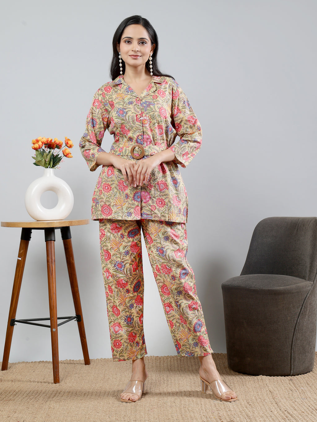 Mustard Printed shirt collar Full Sleeve Co-ords Set With Belt Yellow Cotton