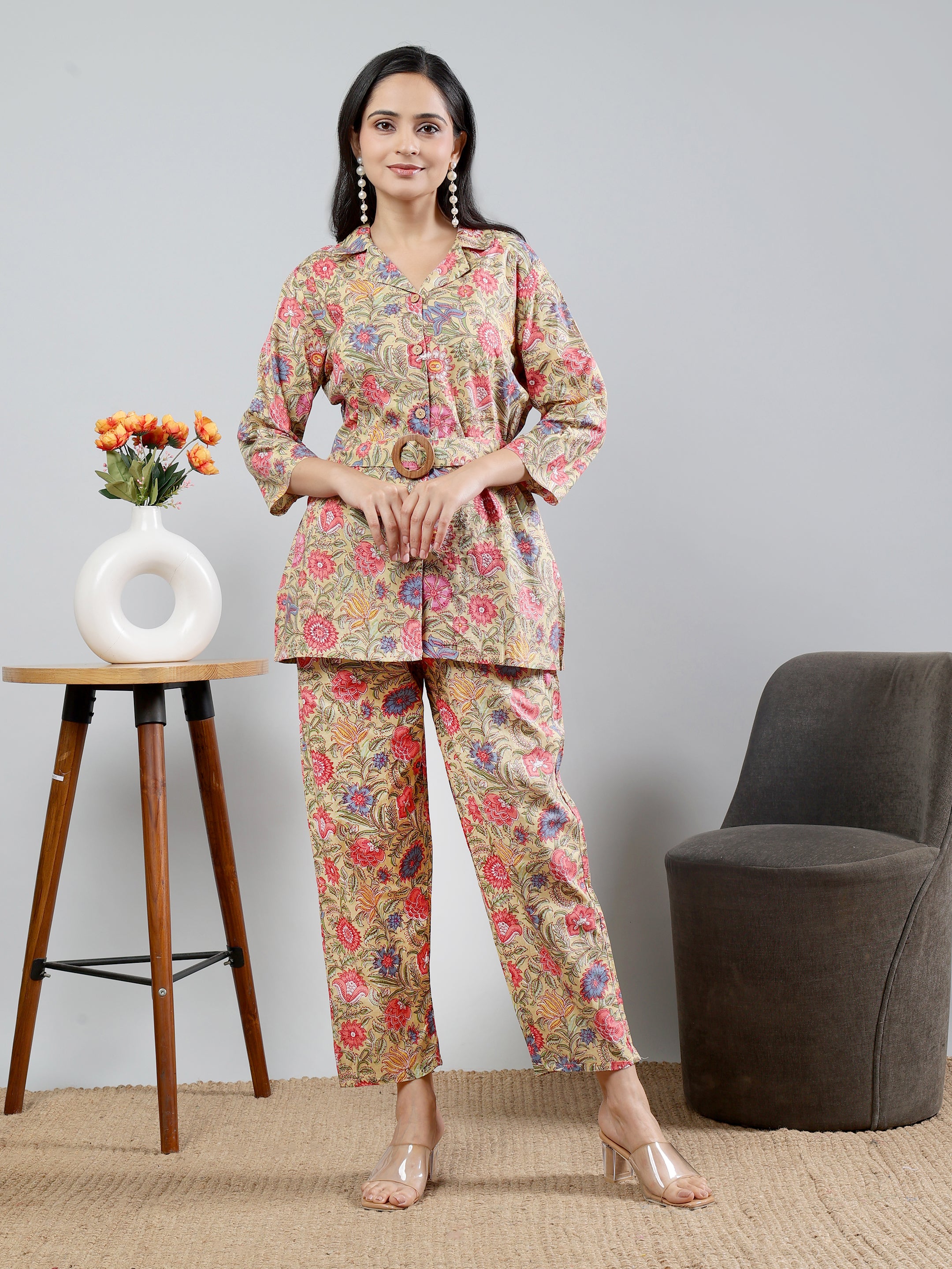 Mustard Printed shirt collar Full Sleeve Co-ords Set With Belt Yellow Cotton