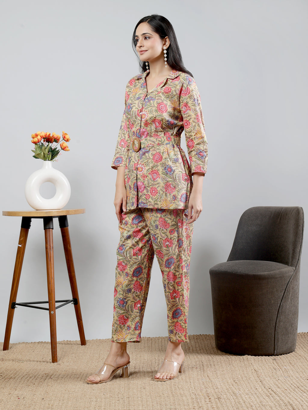 Mustard Printed shirt collar Full Sleeve Co-ords Set With Belt
