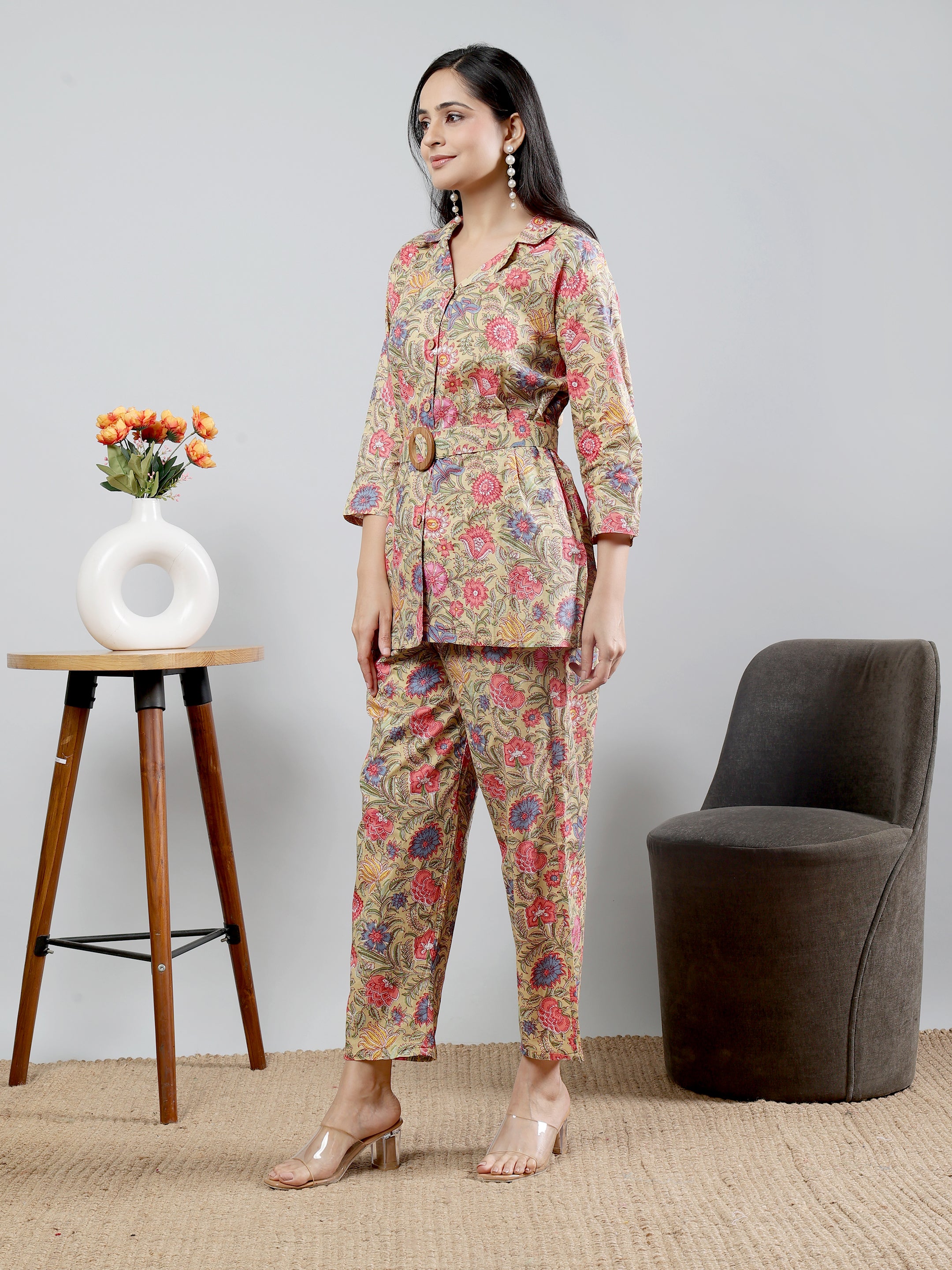 Mustard Printed shirt collar Full Sleeve Co-ords Set With Belt