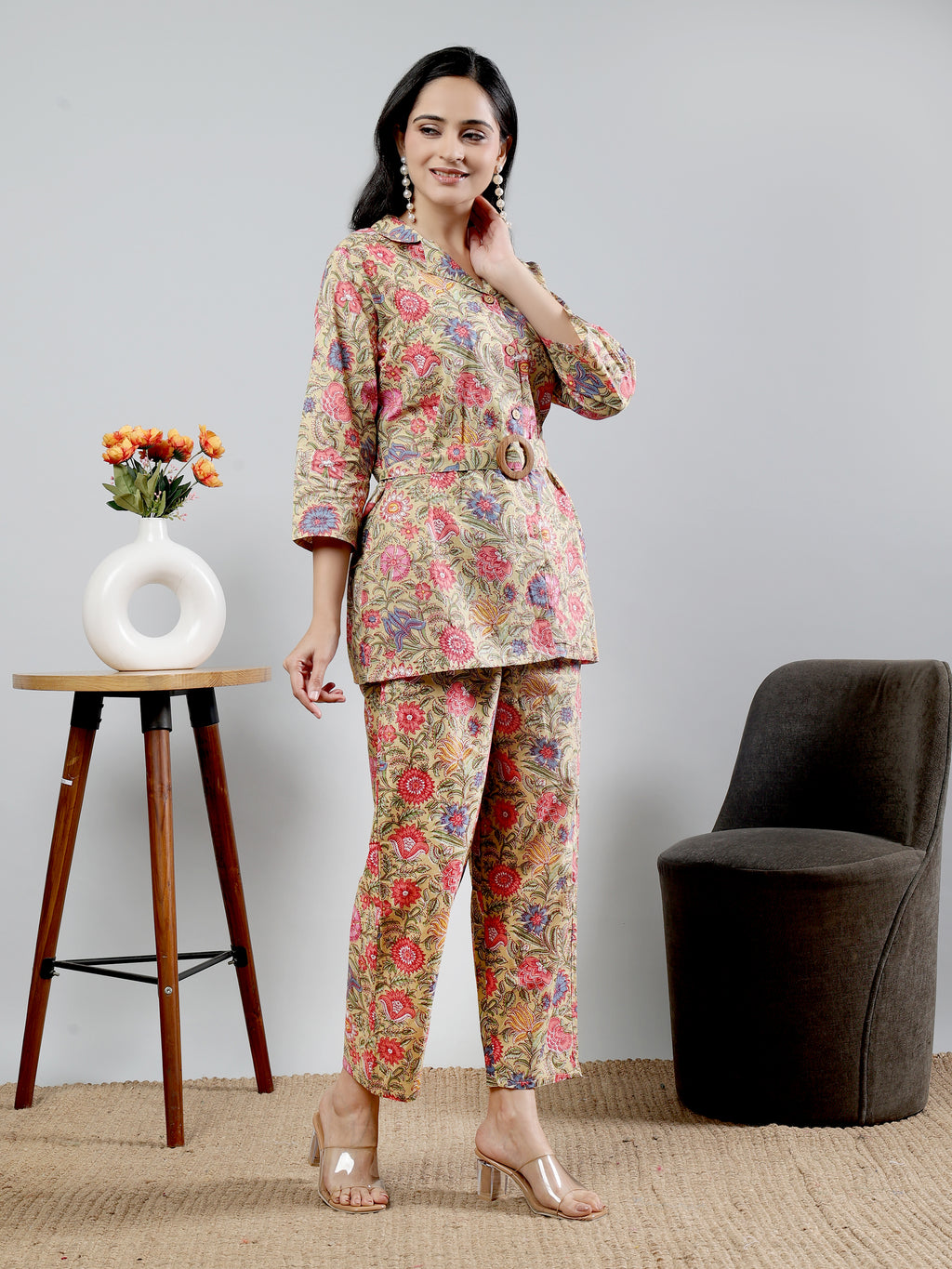 Mustard Printed shirt collar Full Sleeve Co-ords Set With Belt