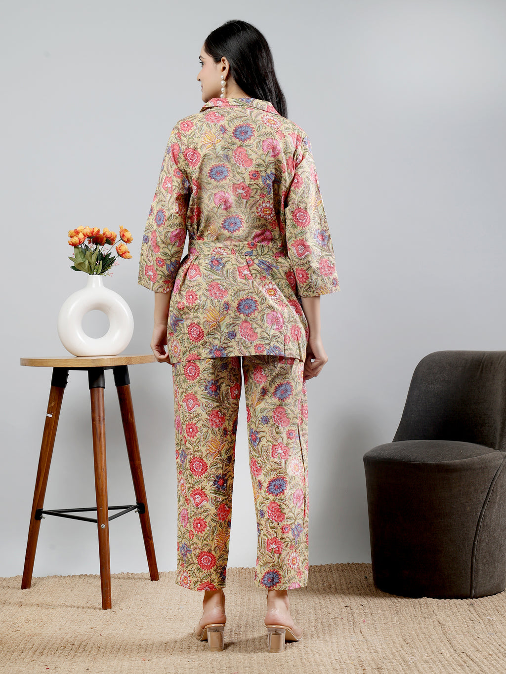 Mustard Printed shirt collar Full Sleeve Co-ords Set With Belt