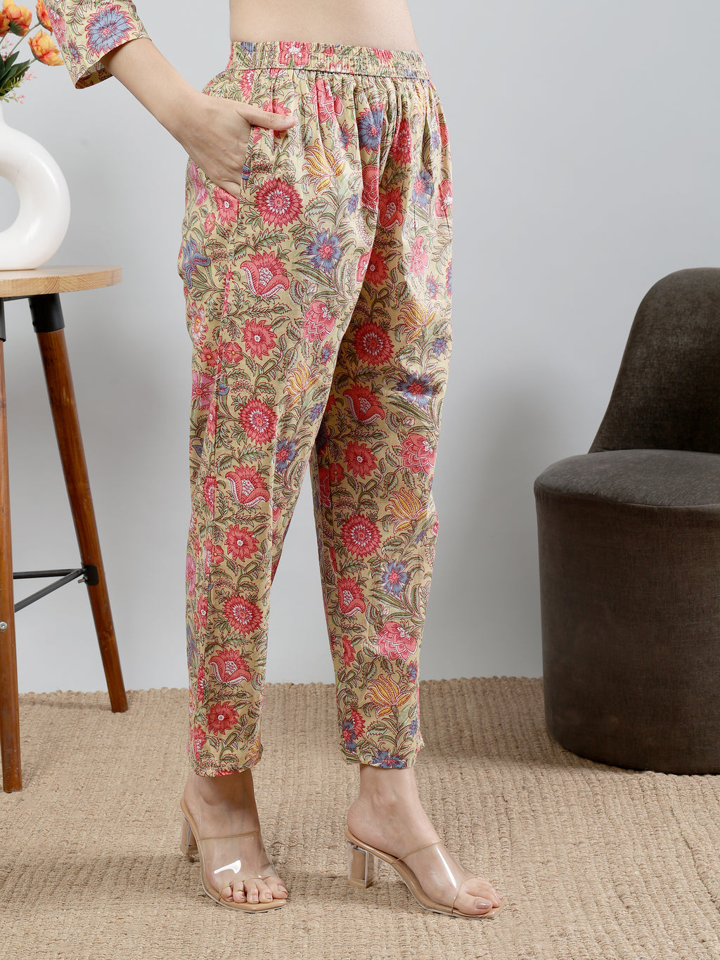 Mustard Printed shirt collar Full Sleeve Co-ords Set With Belt