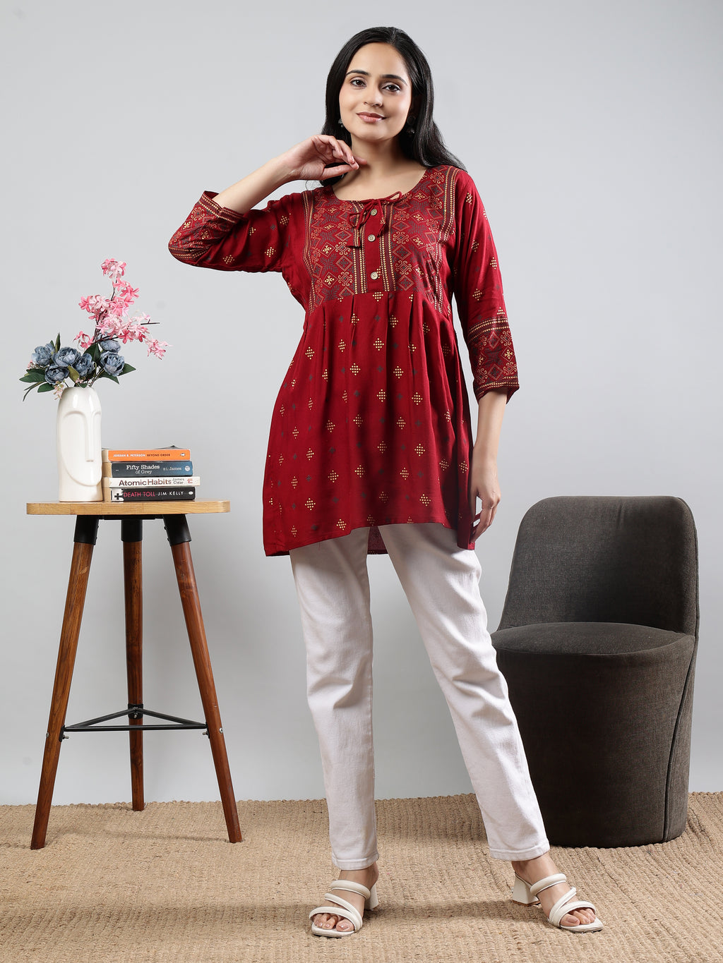 Floral Printed Maroon Round Neck Three Quarter Sleeves Top
