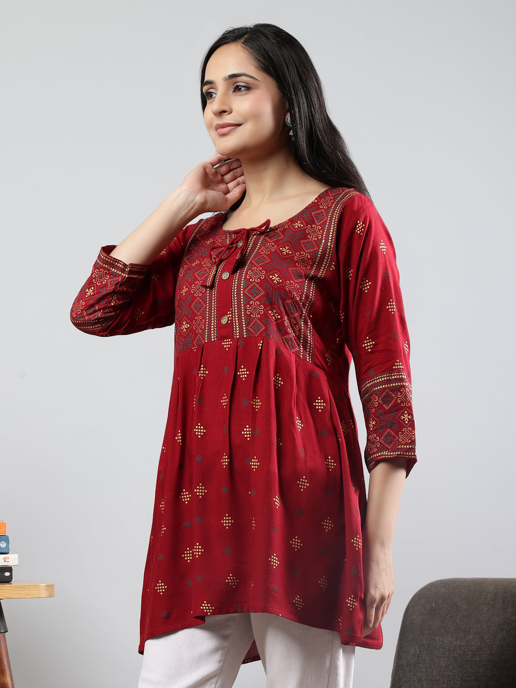 Floral Printed Maroon Round Neck Three Quarter Sleeves Top