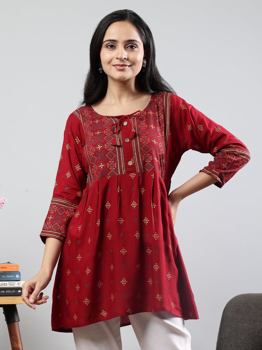 Floral Printed Maroon Round Neck Three Quarter Sleeves Top Brown