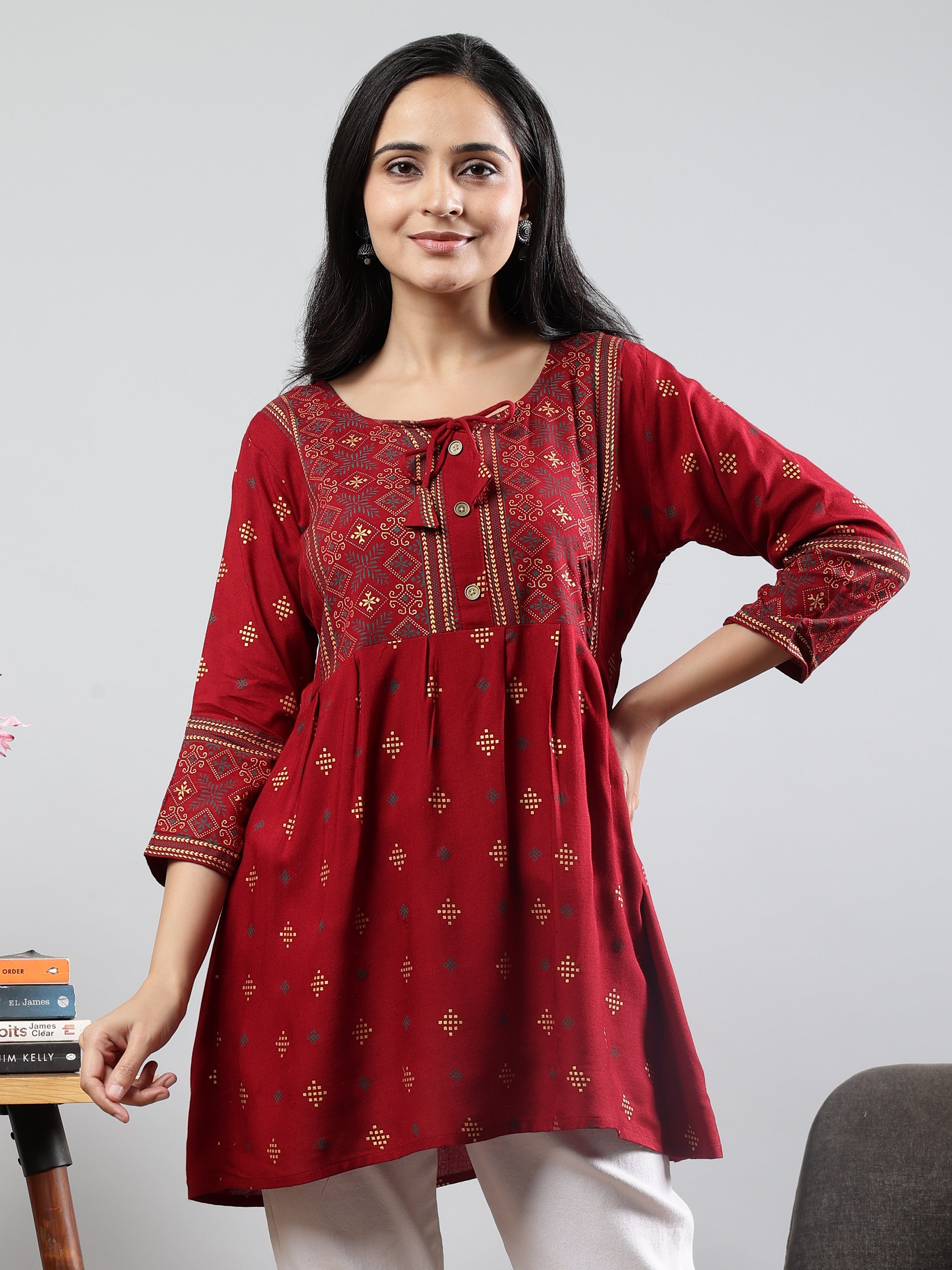 Floral Printed Maroon Round Neck Three Quarter Sleeves Top Brown