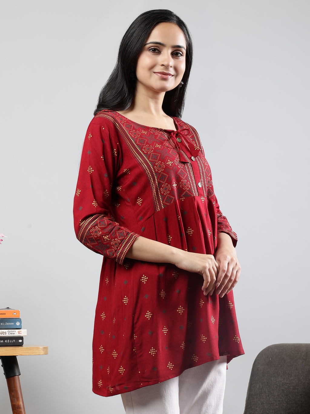 Floral Printed Maroon Round Neck Three Quarter Sleeves Top