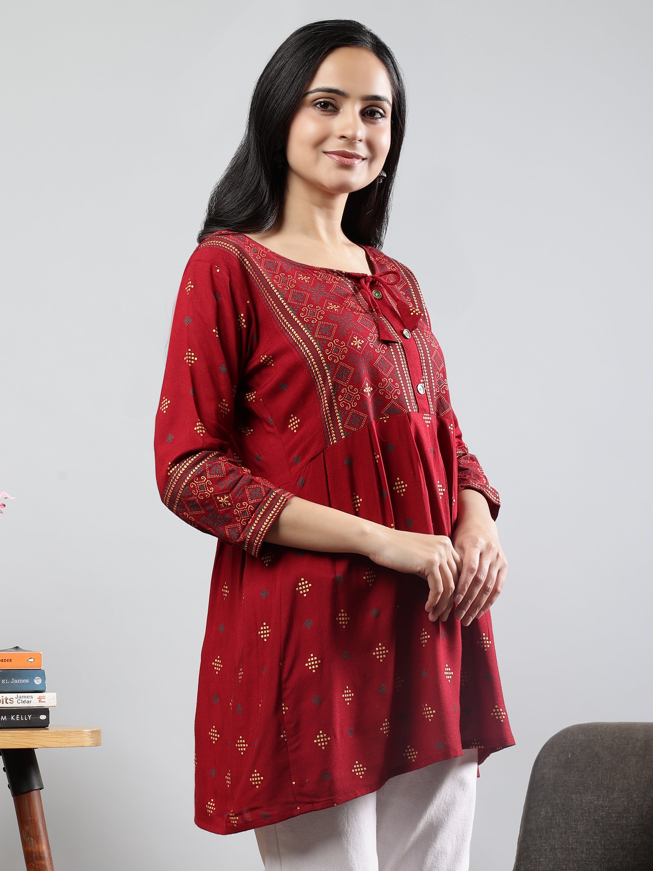 Floral Printed Maroon Round Neck Three Quarter Sleeves Top