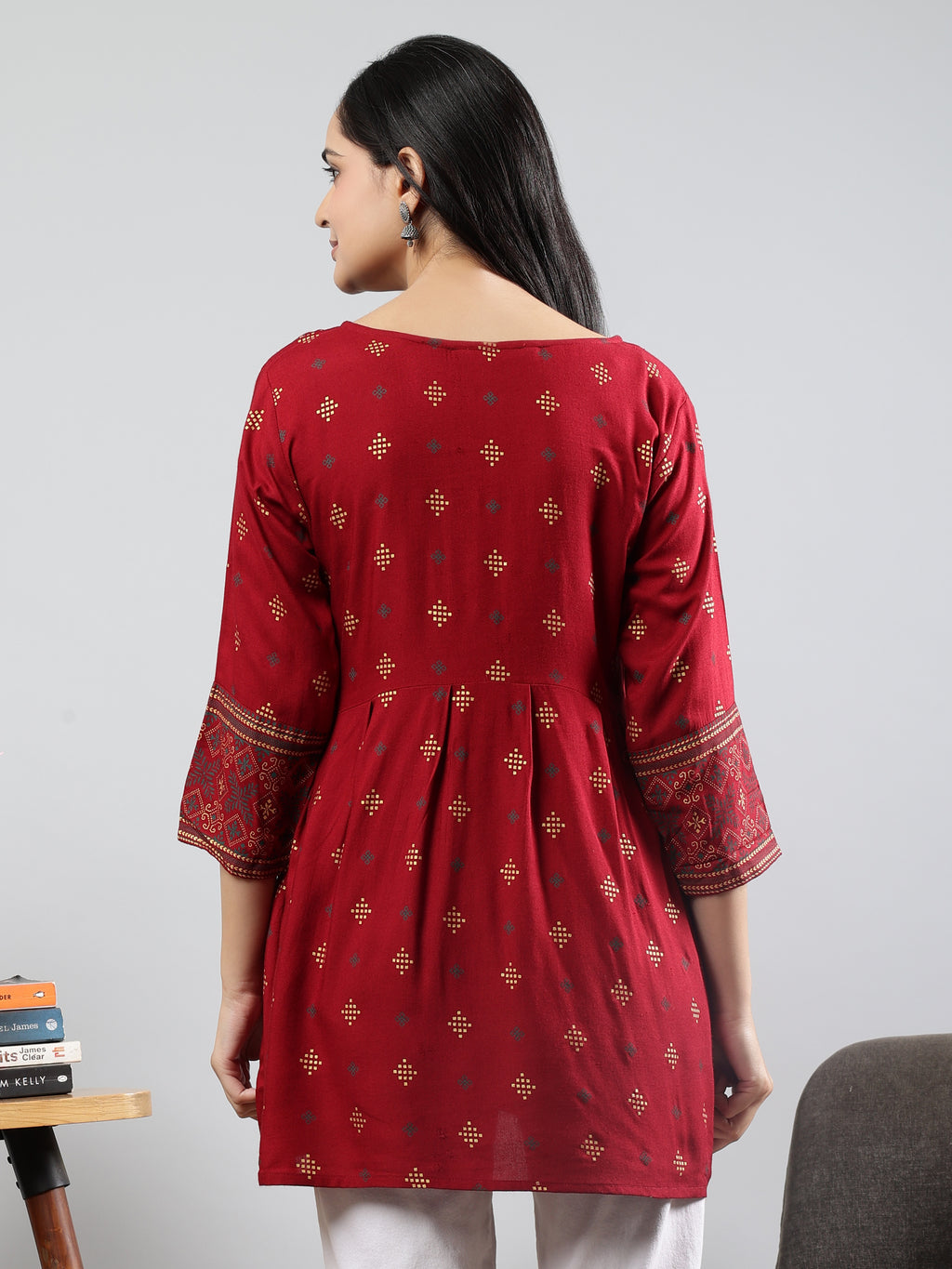 Floral Printed Maroon Round Neck Three Quarter Sleeves Top