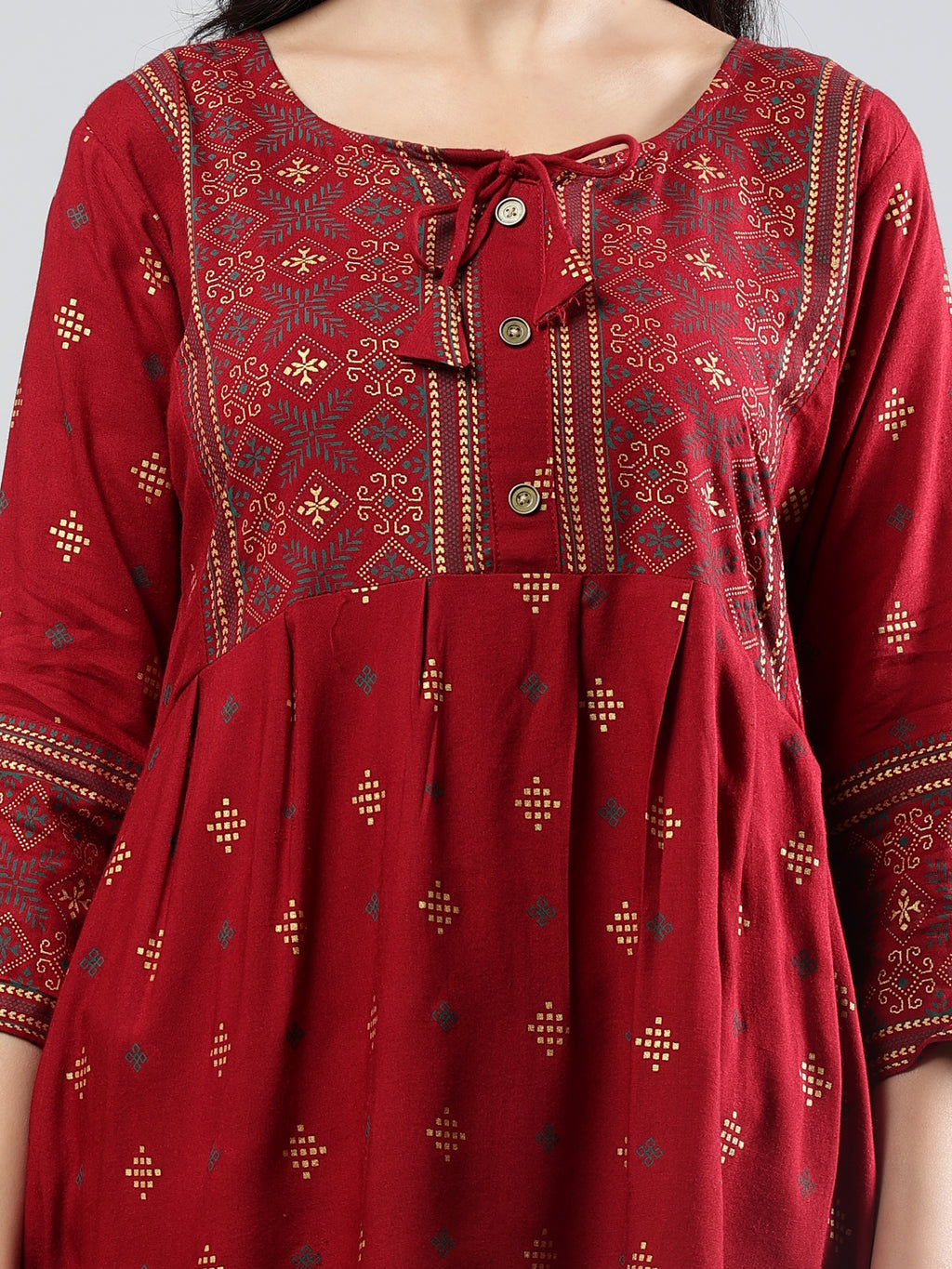 Floral Printed Maroon Round Neck Three Quarter Sleeves Top