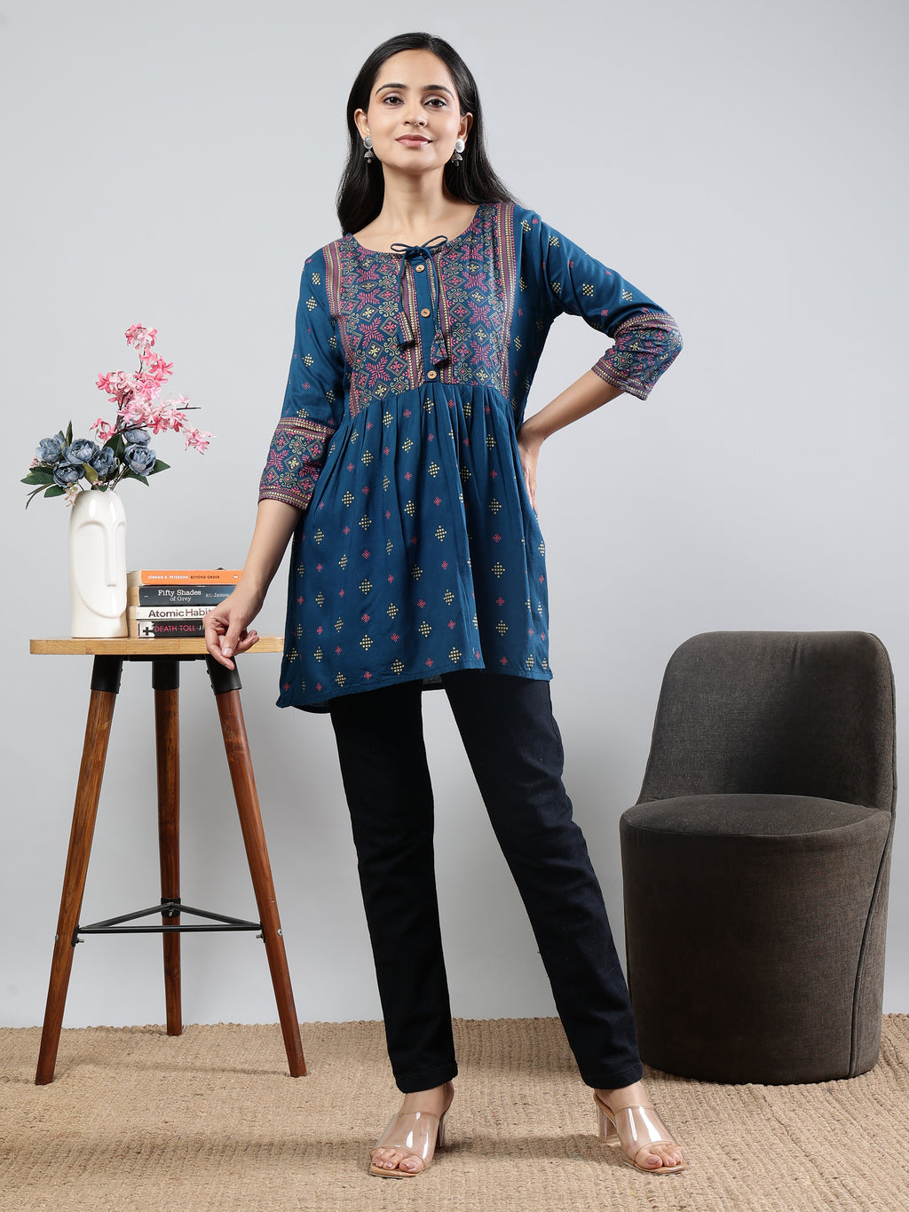 Floral Printed Blue Round Neck Three Quarter Sleeves Top