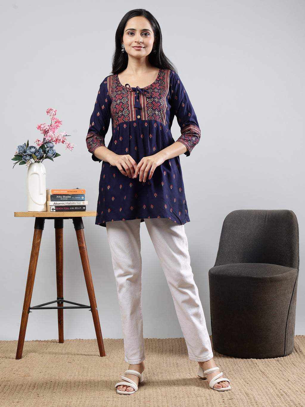 Floral Printed Navy Blue Round Neck Three Quarter Sleeves Top