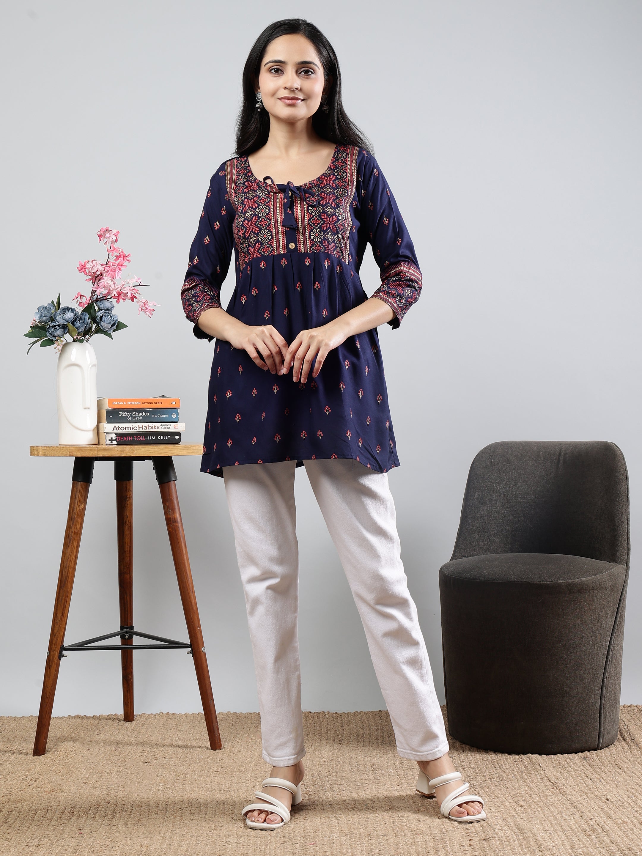 Floral Printed Navy Blue Round Neck Three Quarter Sleeves Top