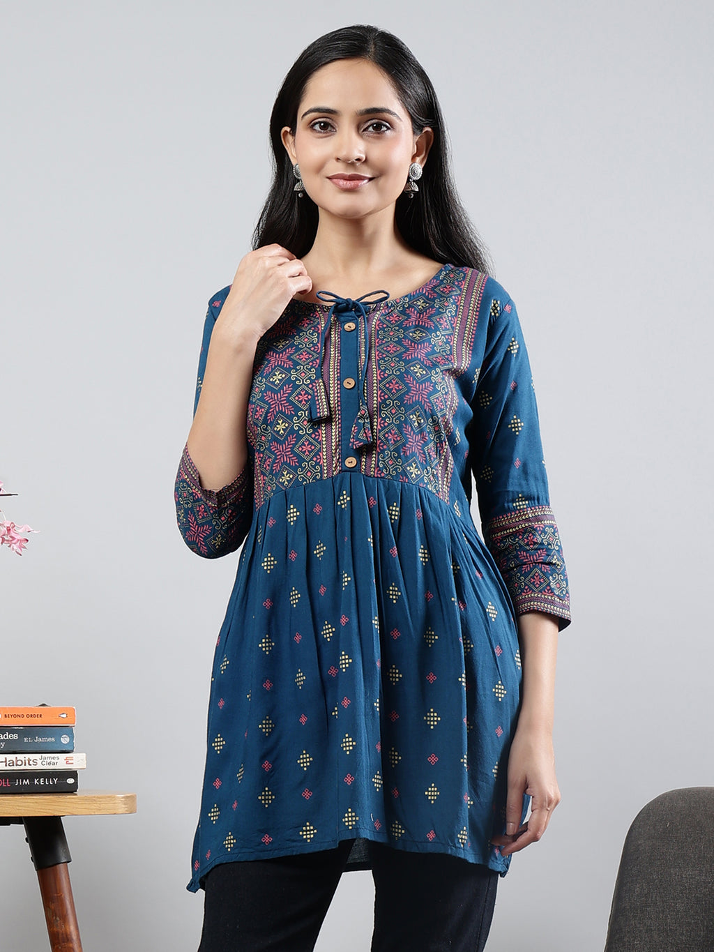 Floral Printed Blue Round Neck Three Quarter Sleeves Top Blue Rayon