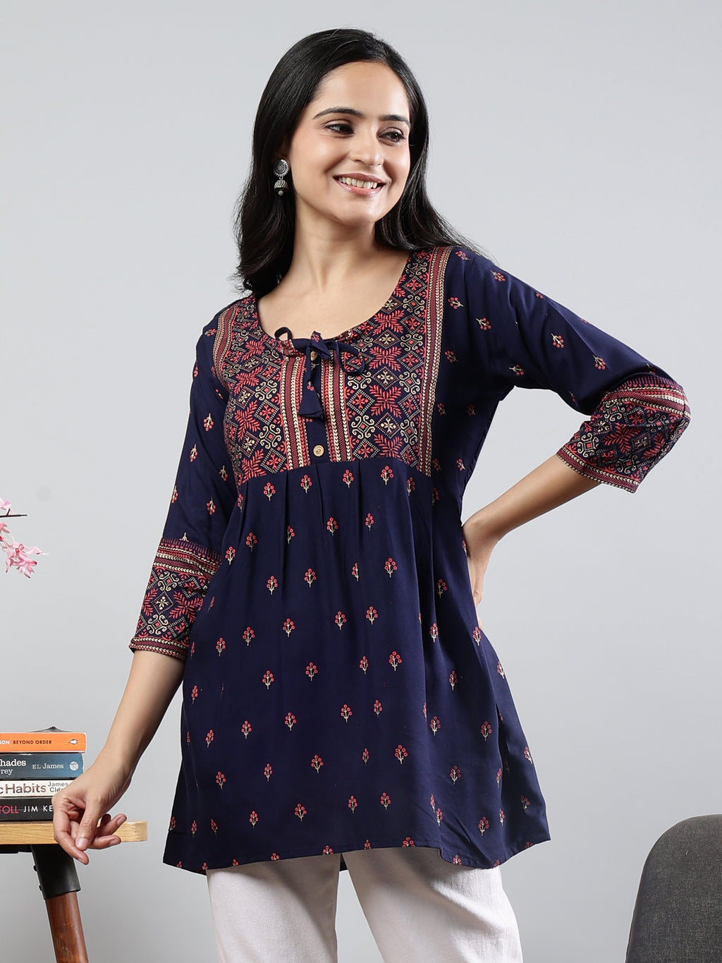 Floral Printed Navy Blue Round Neck Three Quarter Sleeves Top Navy Rayon
