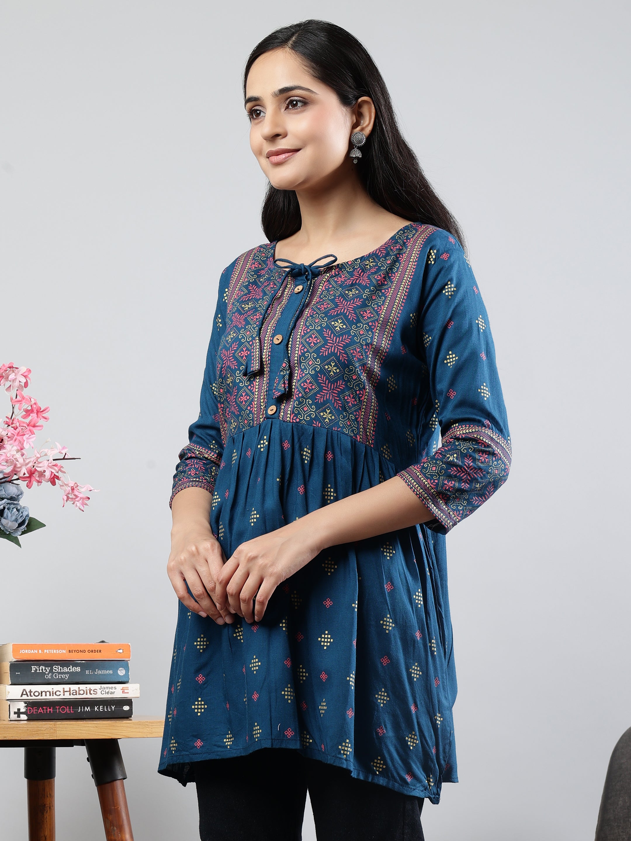 Floral Printed Blue Round Neck Three Quarter Sleeves Top