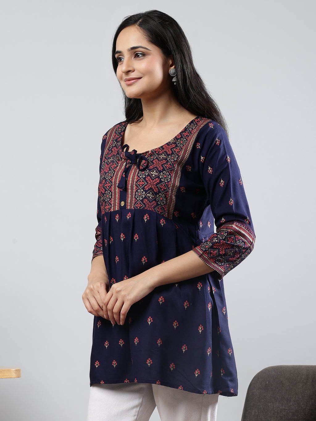 Floral Printed Navy Blue Round Neck Three Quarter Sleeves Top