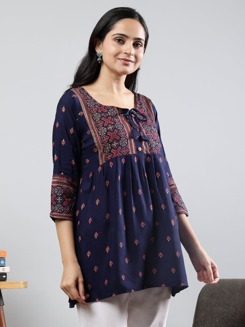 Floral Printed Navy Blue Round Neck Three Quarter Sleeves Top