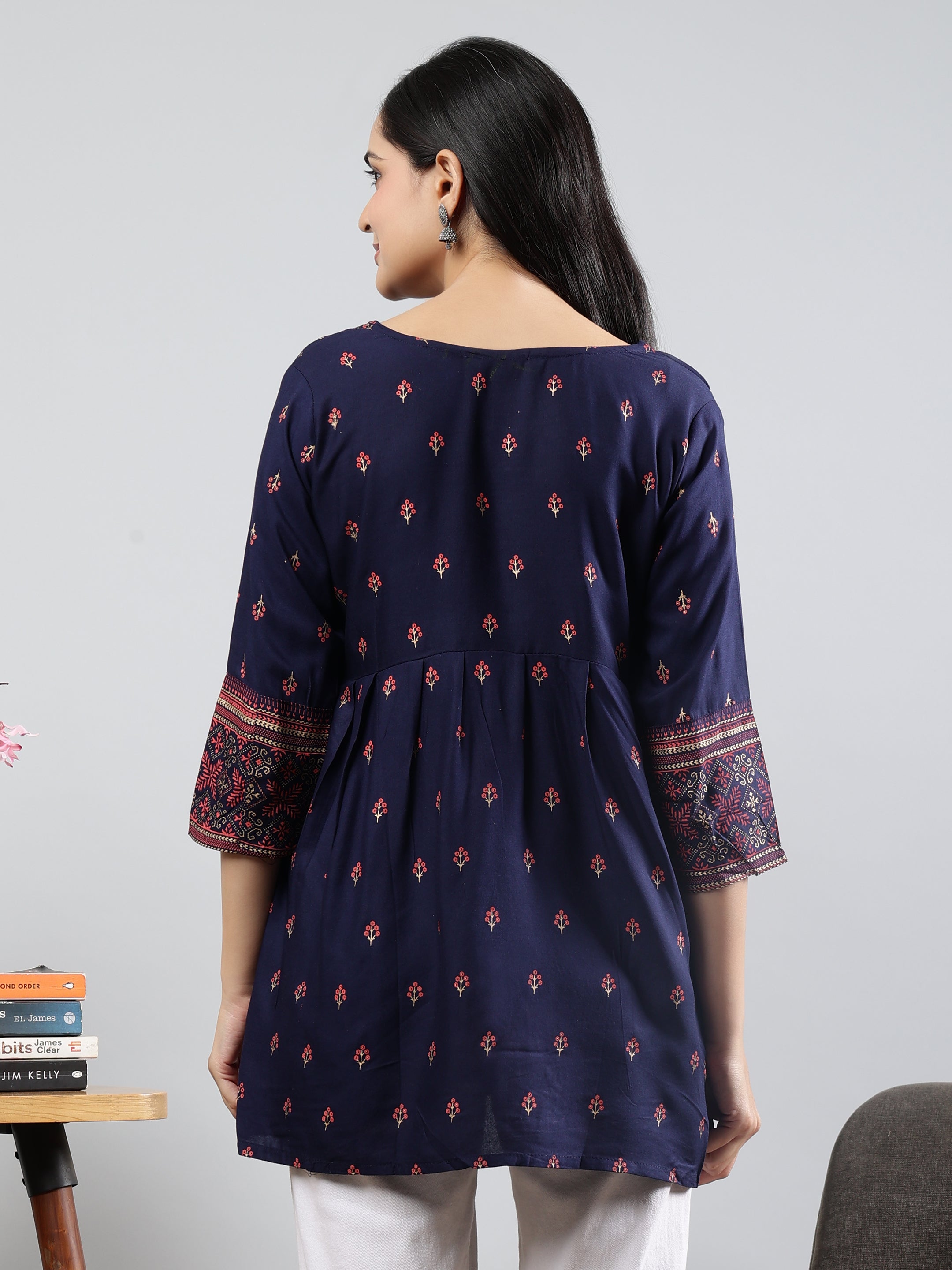 Floral Printed Navy Blue Round Neck Three Quarter Sleeves Top