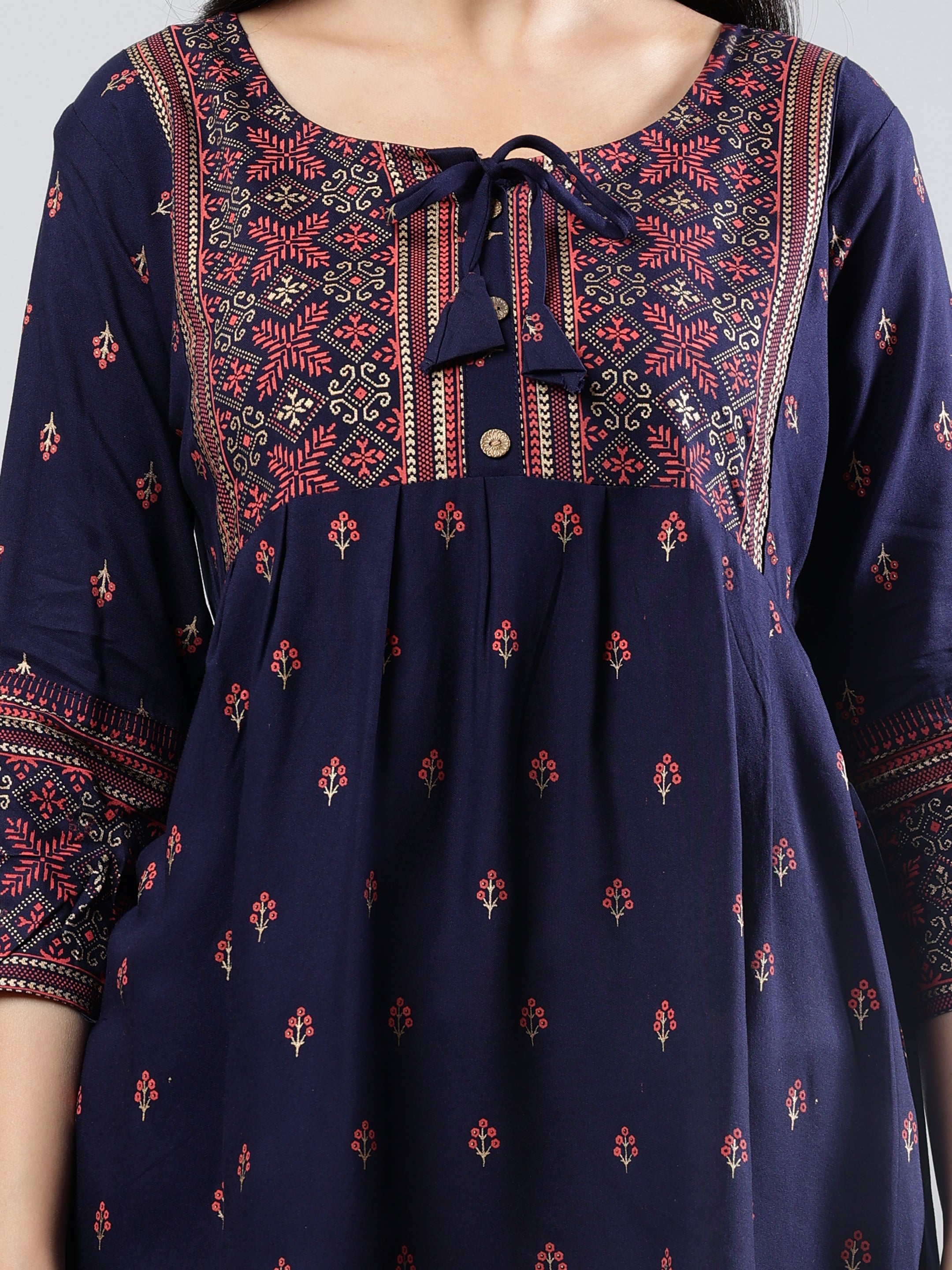 Floral Printed Navy Blue Round Neck Three Quarter Sleeves Top