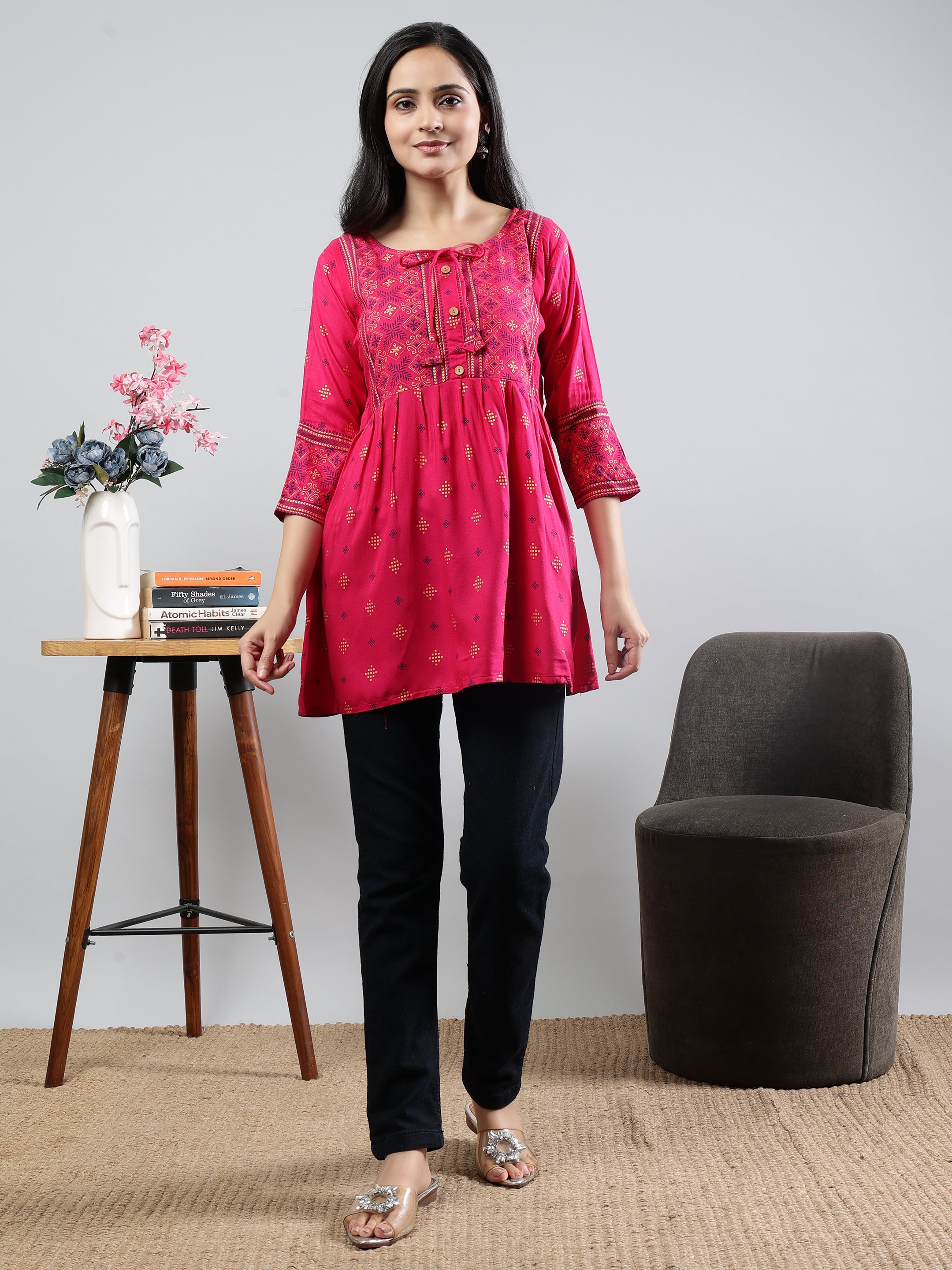 Floral Printed Pink Round Neck Three Quarter Sleeves Top Pink Rayon