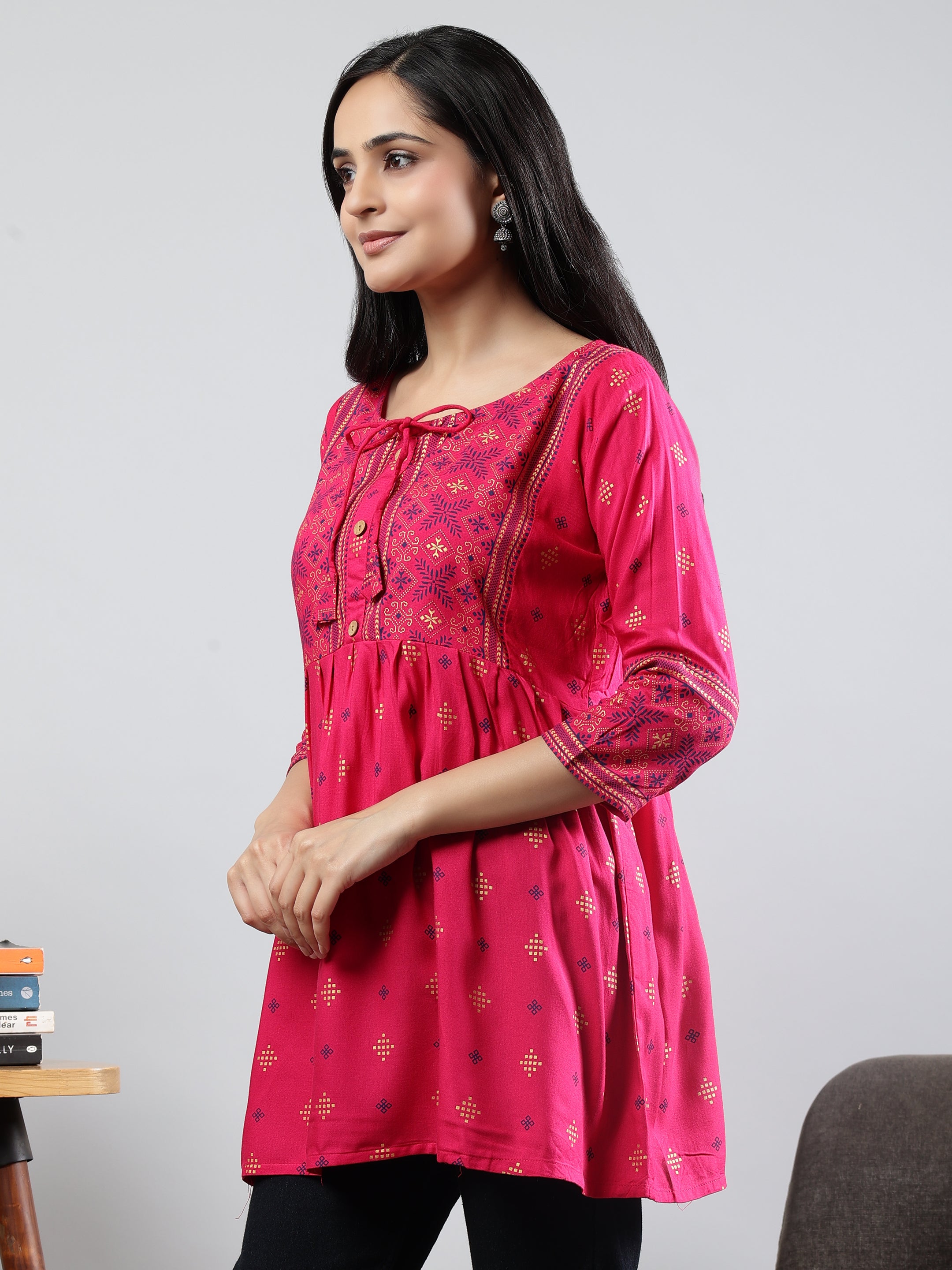 Floral Printed Pink Round Neck Three Quarter Sleeves Top