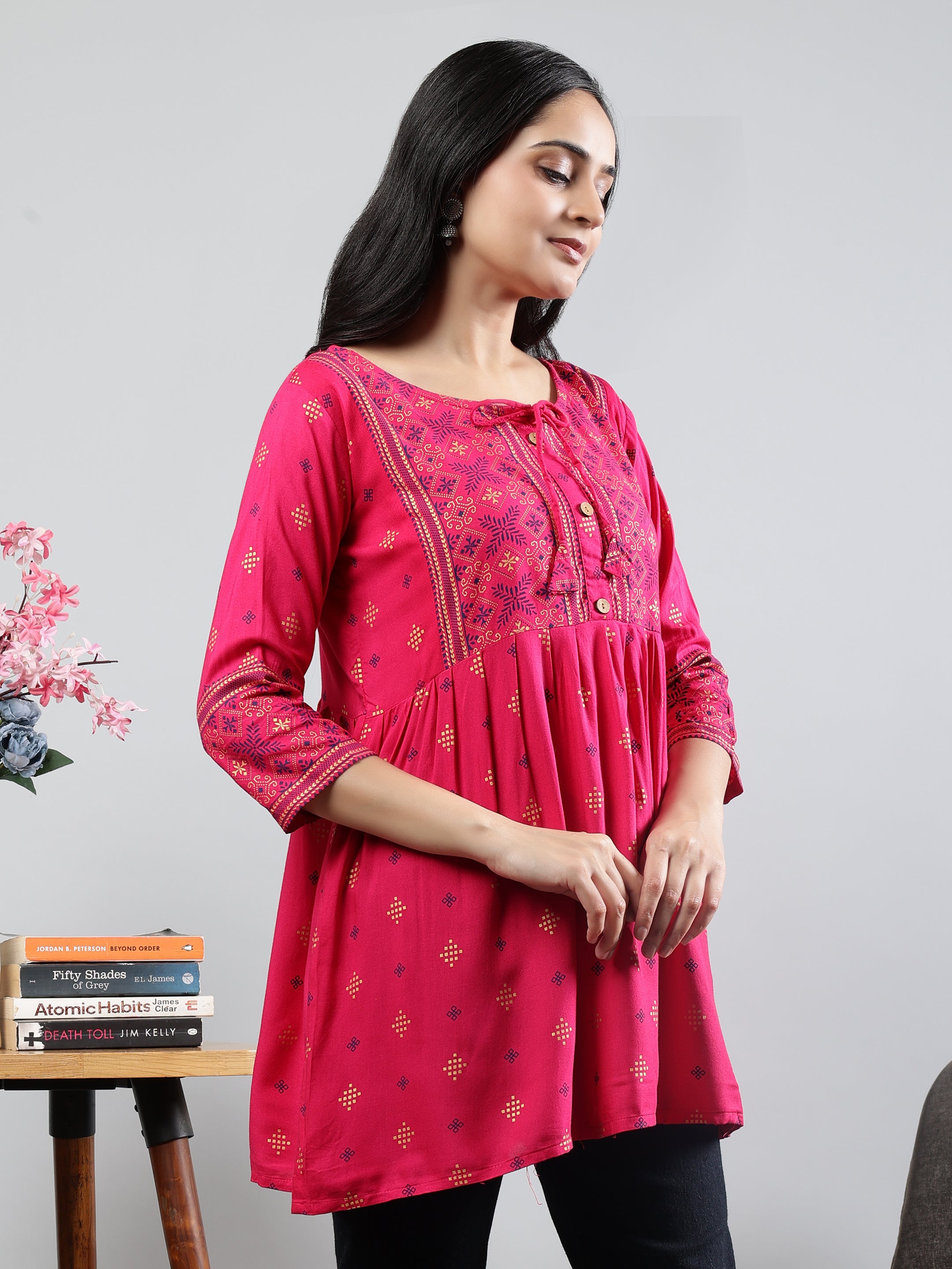 Floral Printed Pink Round Neck Three Quarter Sleeves Top