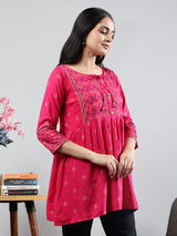 Floral Printed Pink Round Neck Three Quarter Sleeves Top